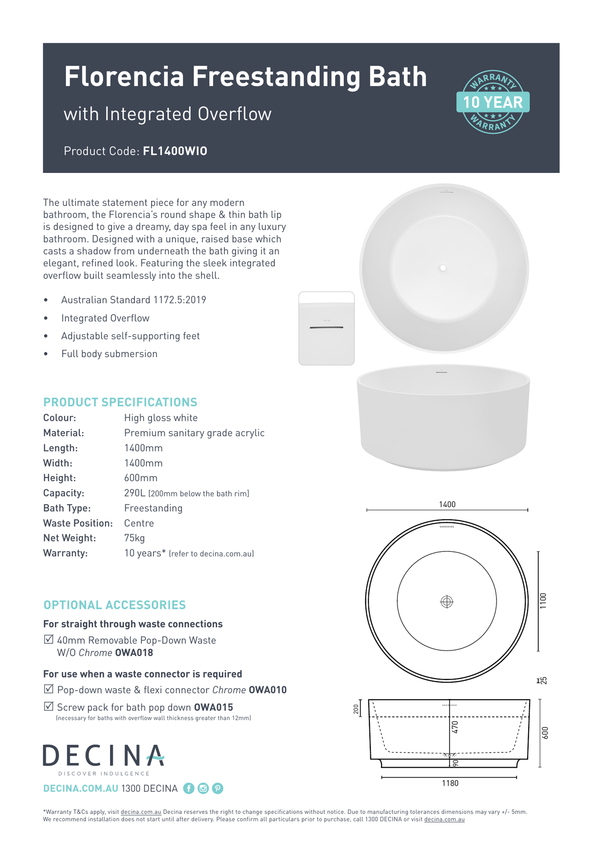 Decina Florencia 1400mm Freestanding Bath with Integrated Overflow - current official specifications and dimensional drawing