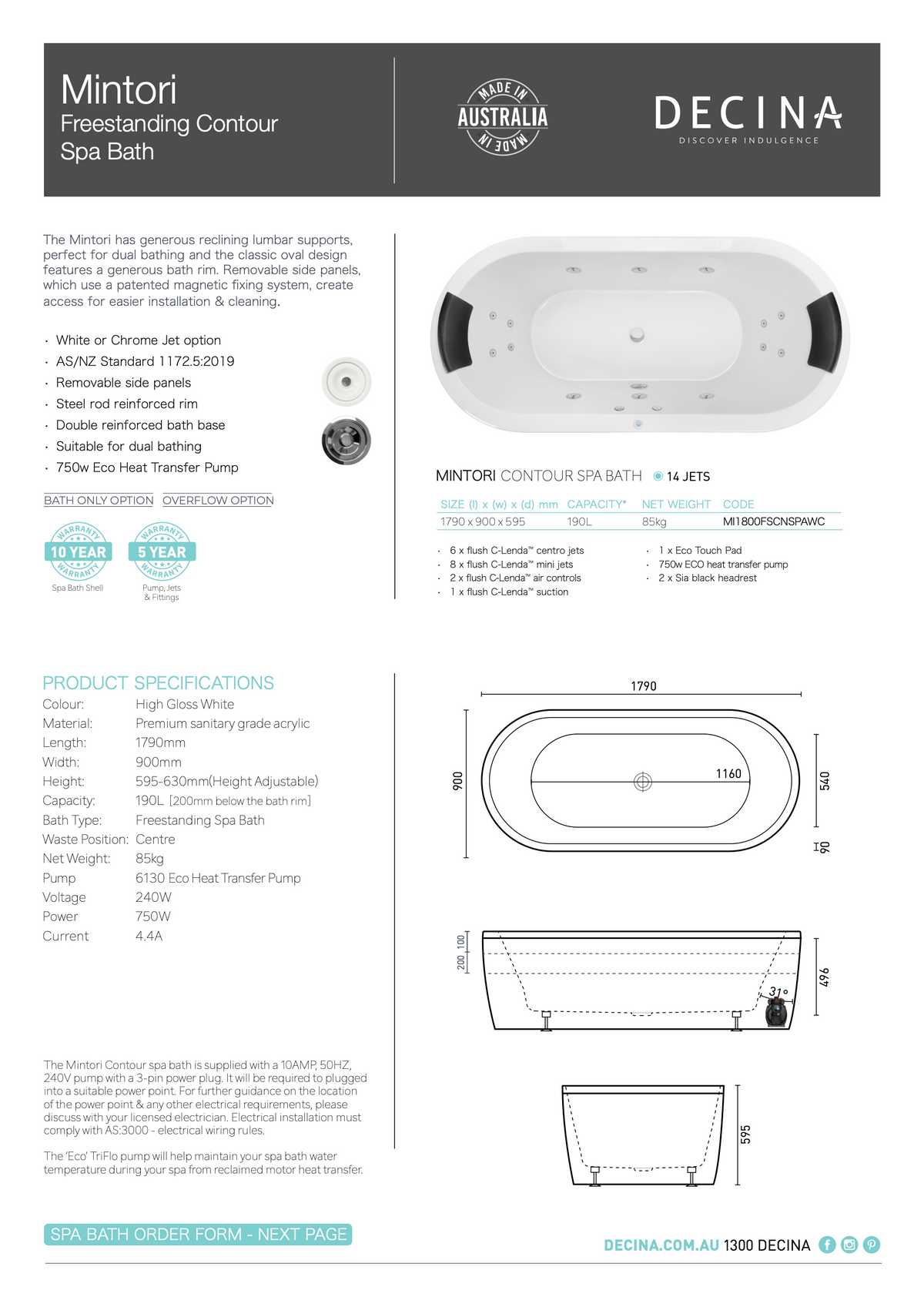 Decina Mintori 1790 Freestanding Contour 14 Jets Spa Bath - current official specifications and dimensional drawing