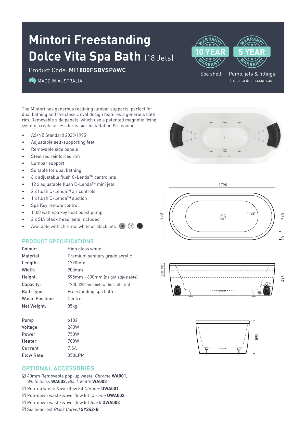 Decina Mintori 1790 Freestanding Dolce Vita 18 Jets Spa Bath - current official specifications and dimensional drawing