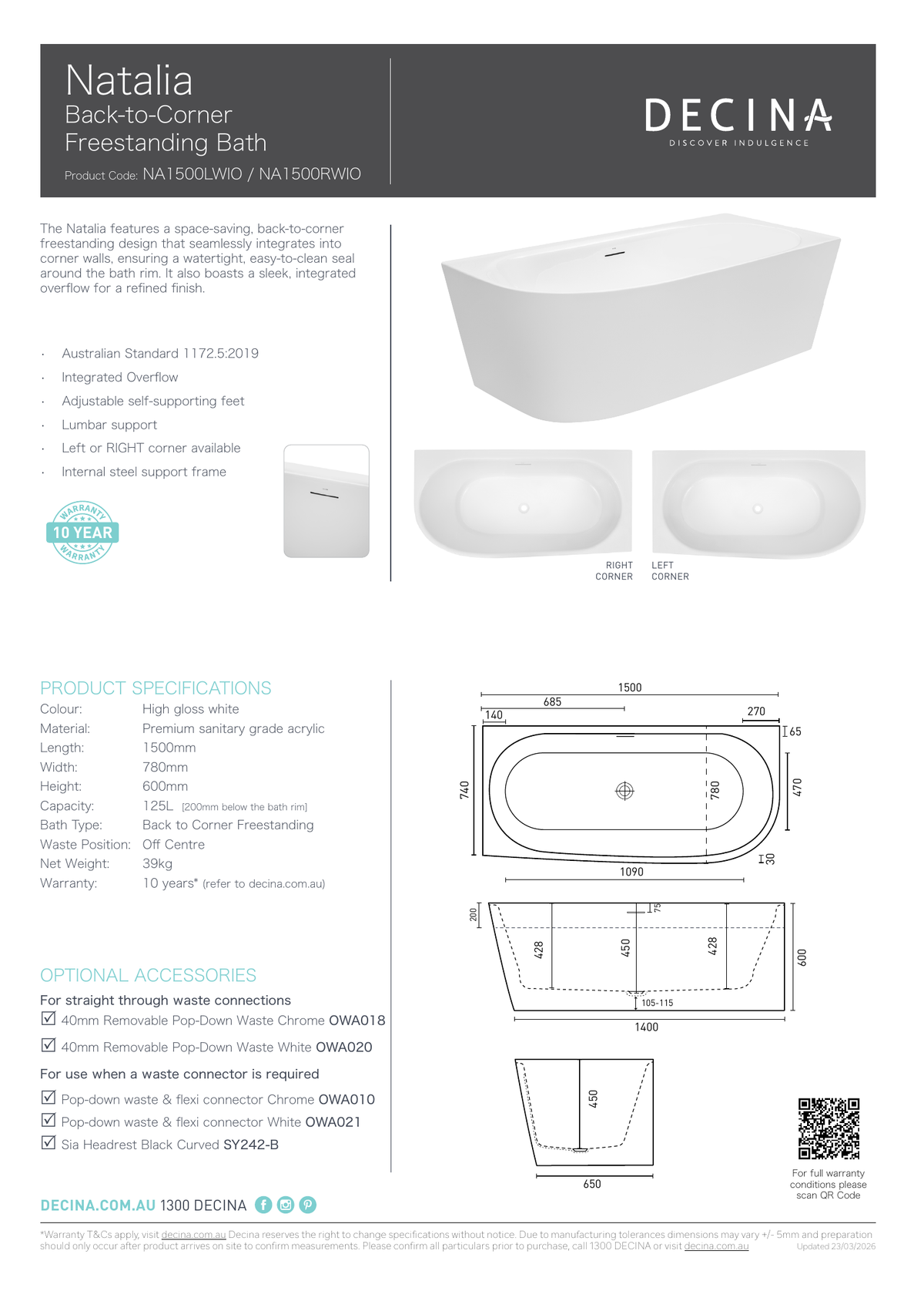 Decina Natalia 1500mm Corner Bath with Integrated Overflow - current official specifications and dimensional drawing