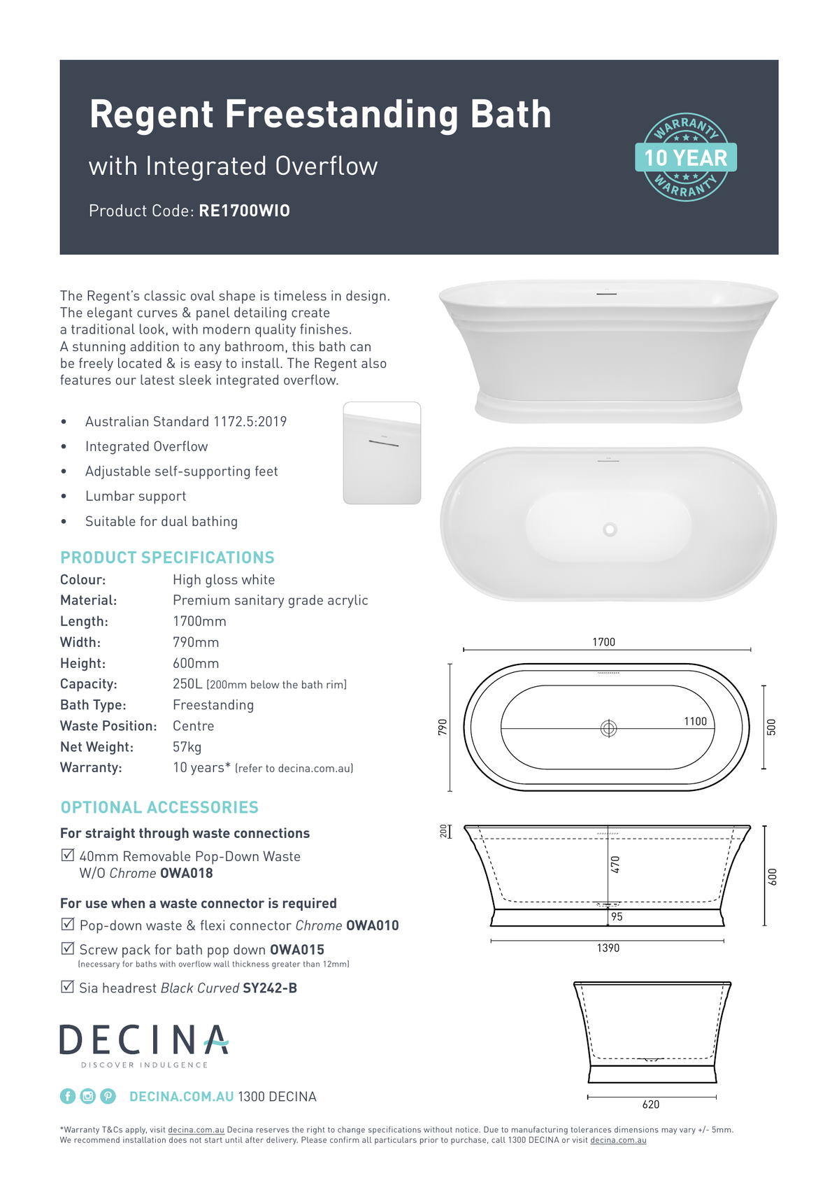 Decina Regent 1700mm Freestanding Bath with Integrated Overflow - current official specifications and dimensional drawing