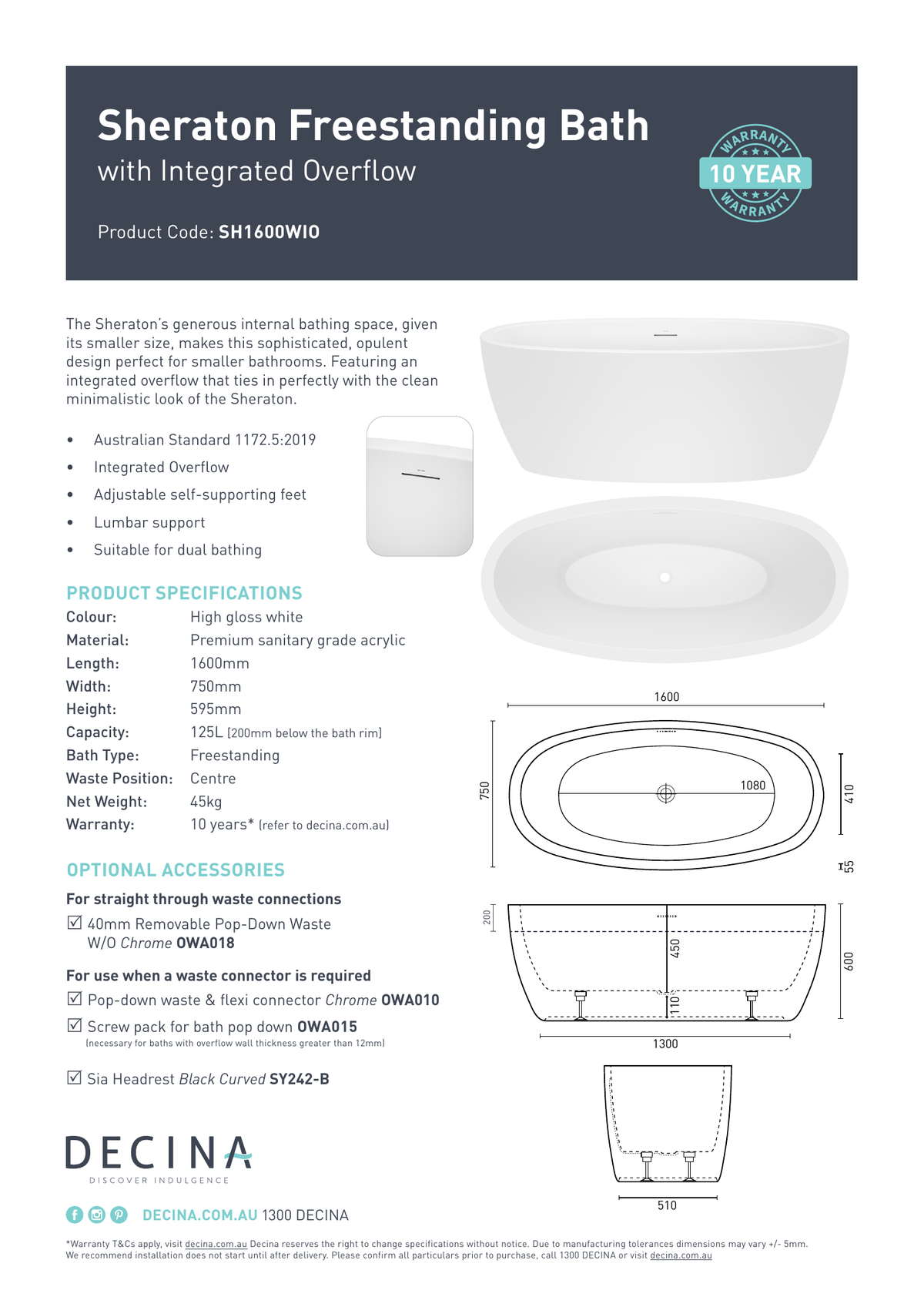 Decina Sheraton 1600mm Freestanding Bath with Integrated Overflow - current official specifications and dimensional drawing