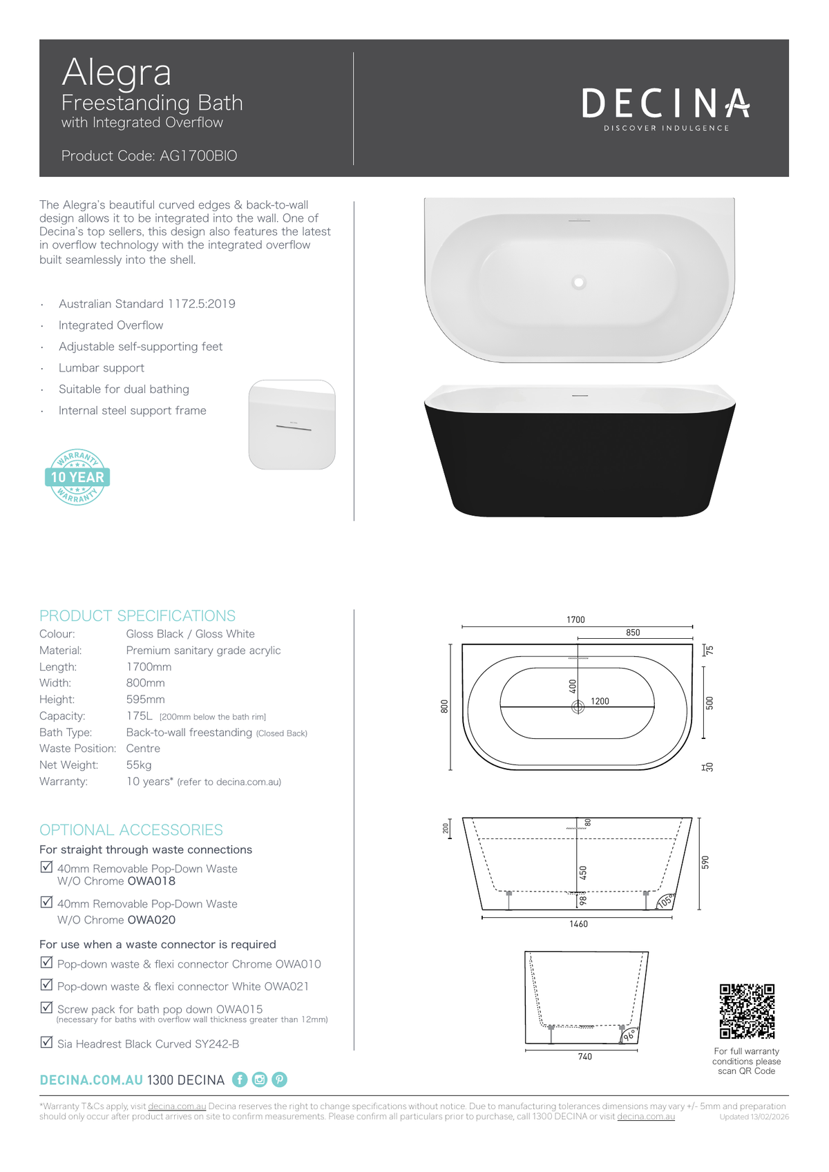 Decina Alegra 1700mm Back To Wall Freestanding Bath with Integrated Overflow - Black / White - current official specifications and dimensional drawing