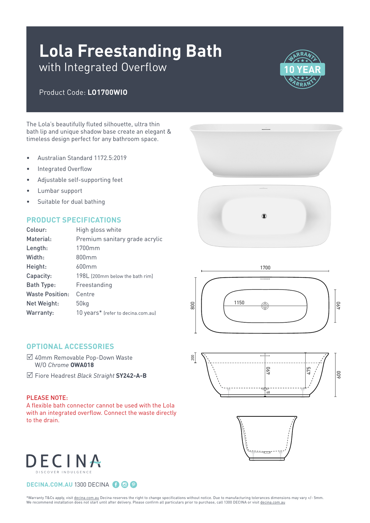 Decina Lola 1700mm Freestanding Bath with Integrated Overflow - current official specifications and dimensional drawing