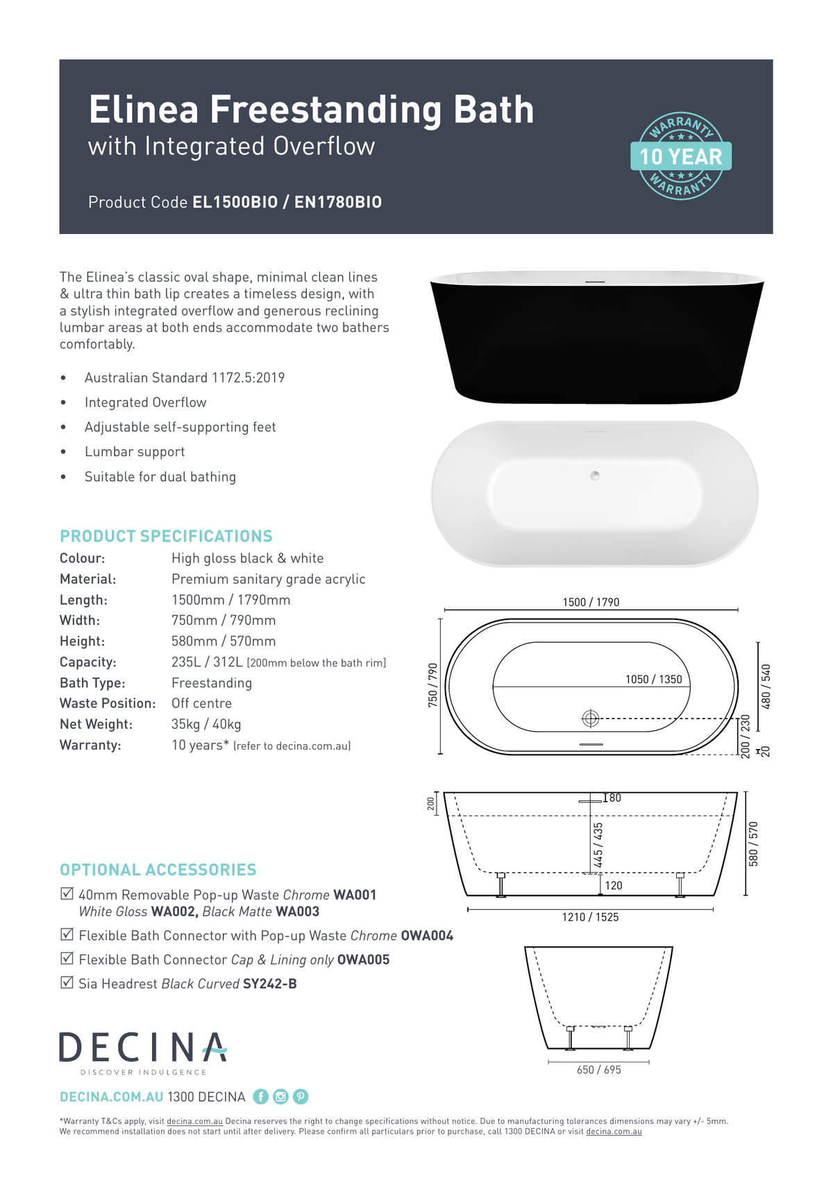 Decina Elinea 1500/1790mm Freestanding Bath with Integrated Overflow - Black / White - current official specifications and dimensional drawing