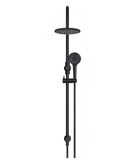 Meir 200mm Round Gooseneck Overhead Shower Rail, Three Function Hand Shower, Matte Black