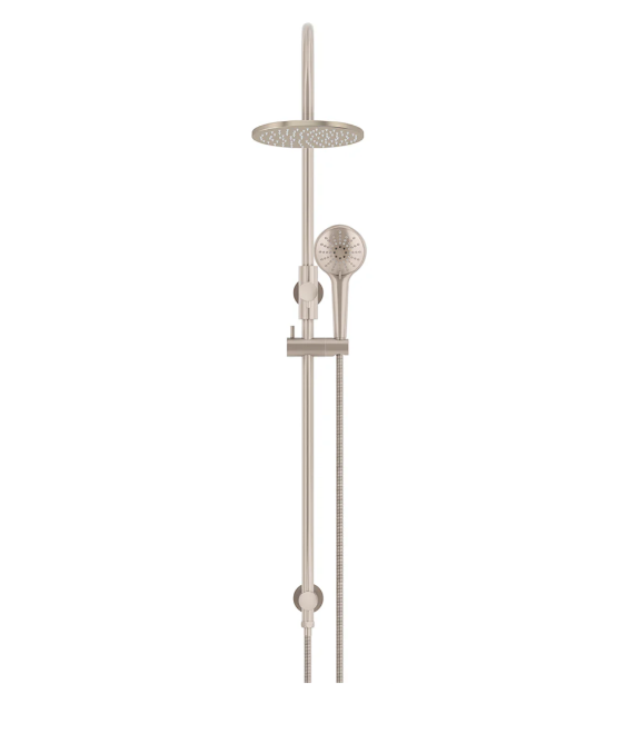 Meir 200mm Round Gooseneck Overhead Shower Rail, Three Function Hand Shower, Champagne