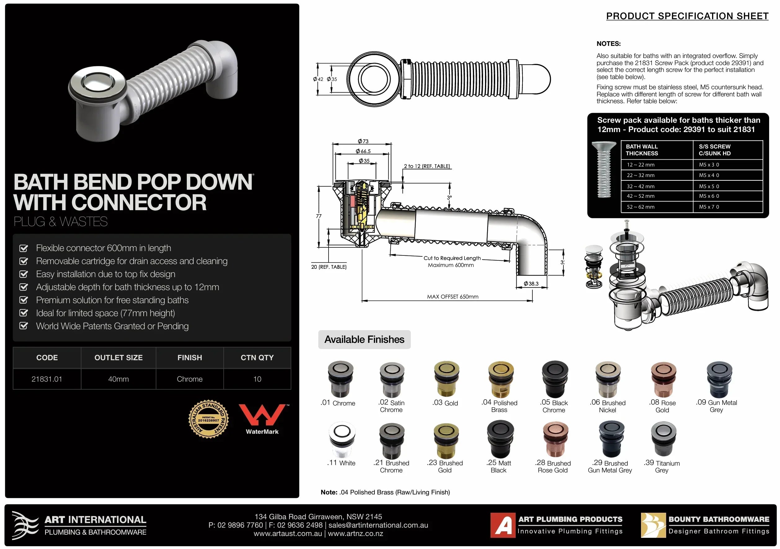 Art Aus 40mm Bath Bend Pop Down® w/ Connector, White (21831.11)