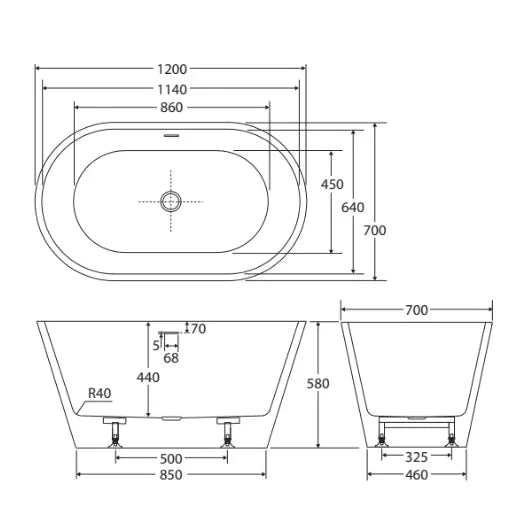 Fienza Austin 1200/1300/1400/1500/1700 Freestanding Acrylic Bath with Overflow - Ideal Bathroom CentreFR71 - 1200 - OF1200mm