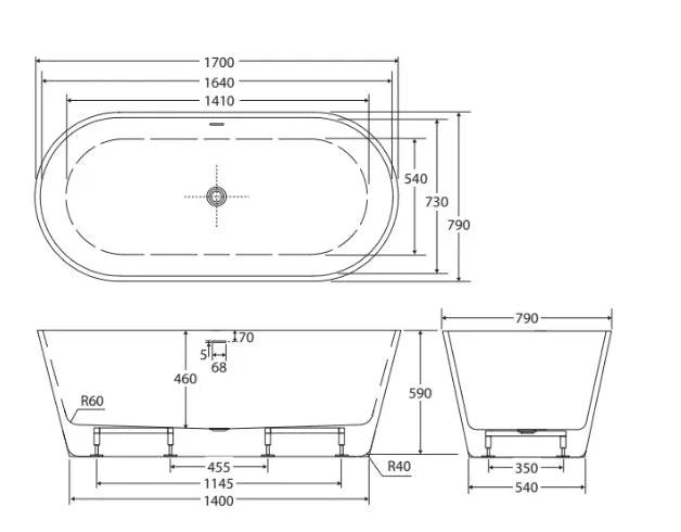 Fienza Austin 1200/1300/1400/1500/1700 Freestanding Acrylic Bath with Overflow - Ideal Bathroom CentreFR71 - 1700 - OF1700mm