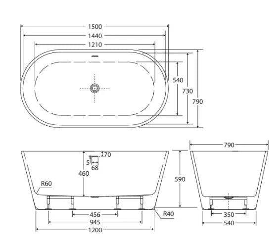 Fienza Austin 1200/1300/1400/1500/1700 Freestanding Acrylic Bath with Overflow - Ideal Bathroom CentreFR71 - 1500 - OF1500mm