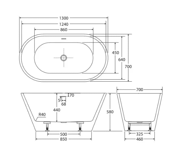 Fienza Austin 1200/1300/1400/1500/1700 Freestanding Acrylic Bath with Overflow - Ideal Bathroom CentreFR71 - 1300 - OF1300mm