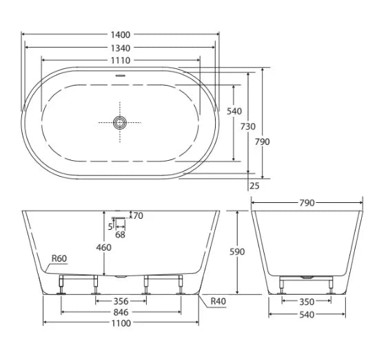 Fienza Austin 1200/1300/1400/1500/1700 Freestanding Acrylic Bath with Overflow - Ideal Bathroom CentreFR71 - 1400 - OF1400mm