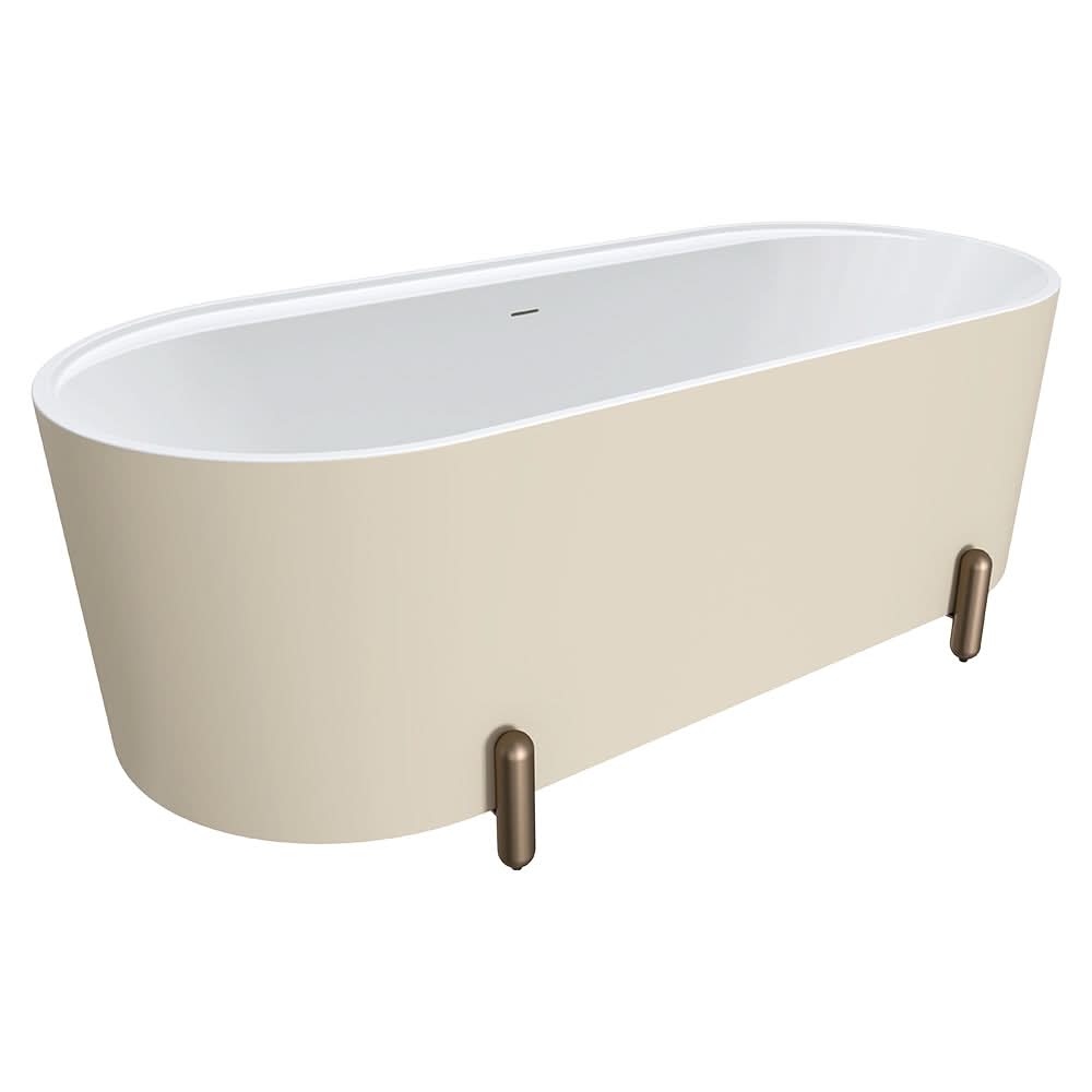 Aluca Freestanding Bath, 1700mm Matte Khaki with Brushed Copper Legs with overflow