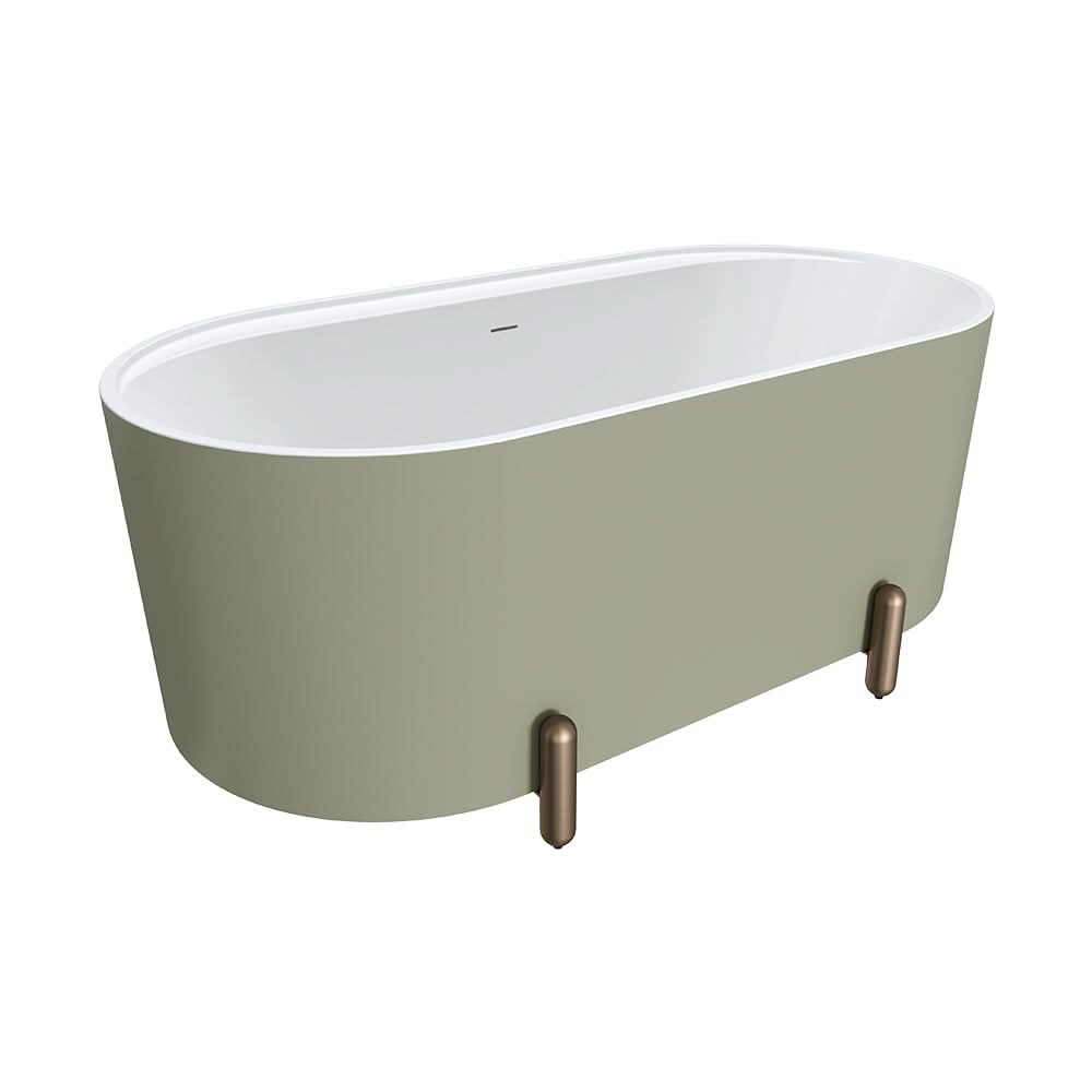 Aluca Freestanding Bath, 1500mm Matte Olive with Brushed Copper Legs with overflow