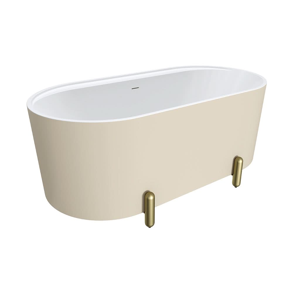 Aluca Freestanding Bath, 1500mm Matte Khaki with Urban Brass Legs with overflow