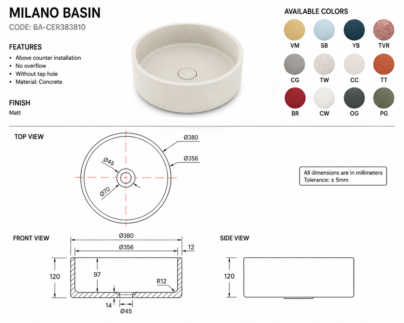 Milano Cerchio Concrete 380mm Above Counter Basin, Dark Olive Green