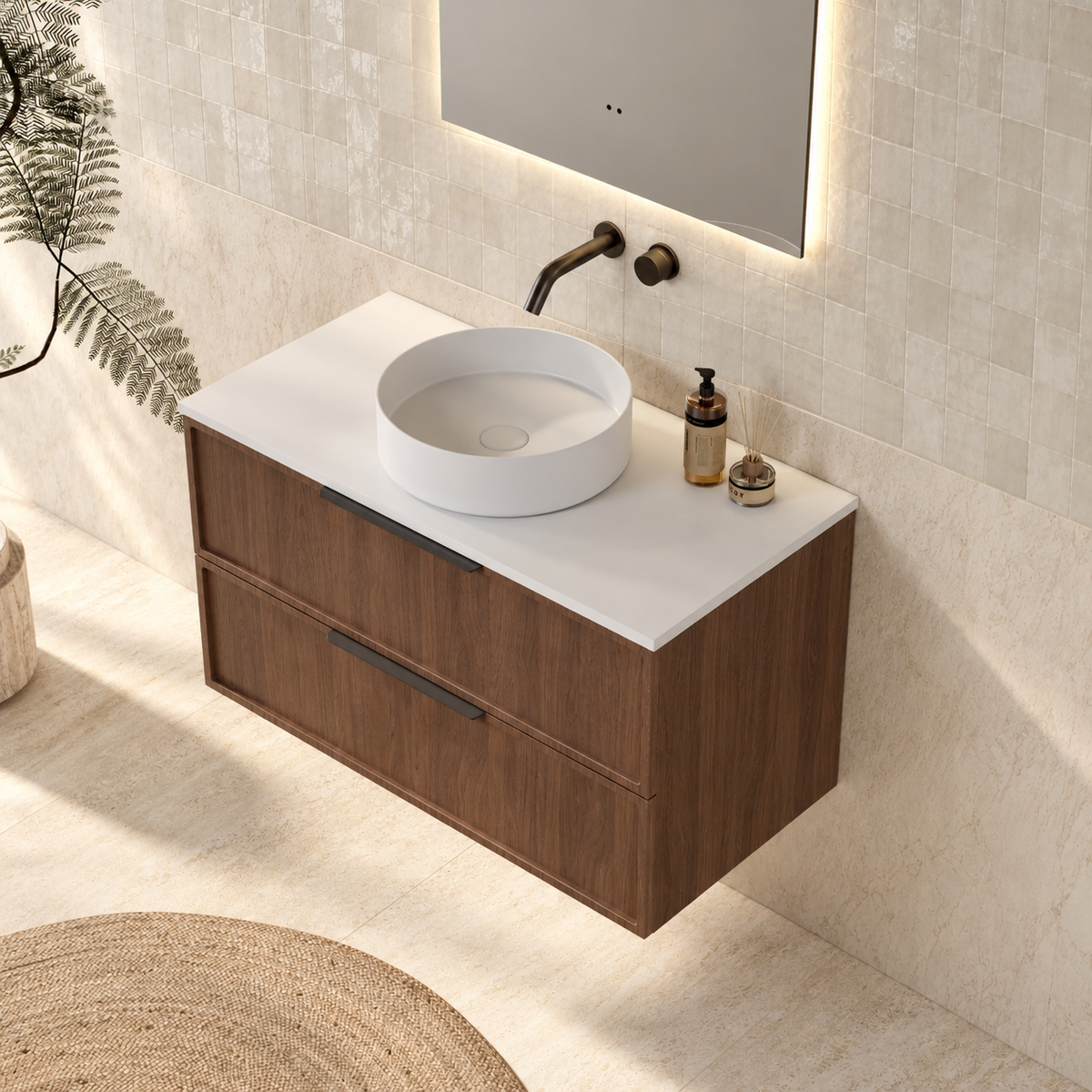 Milano Federation 900mm Wall Hung Vanity, Walnut