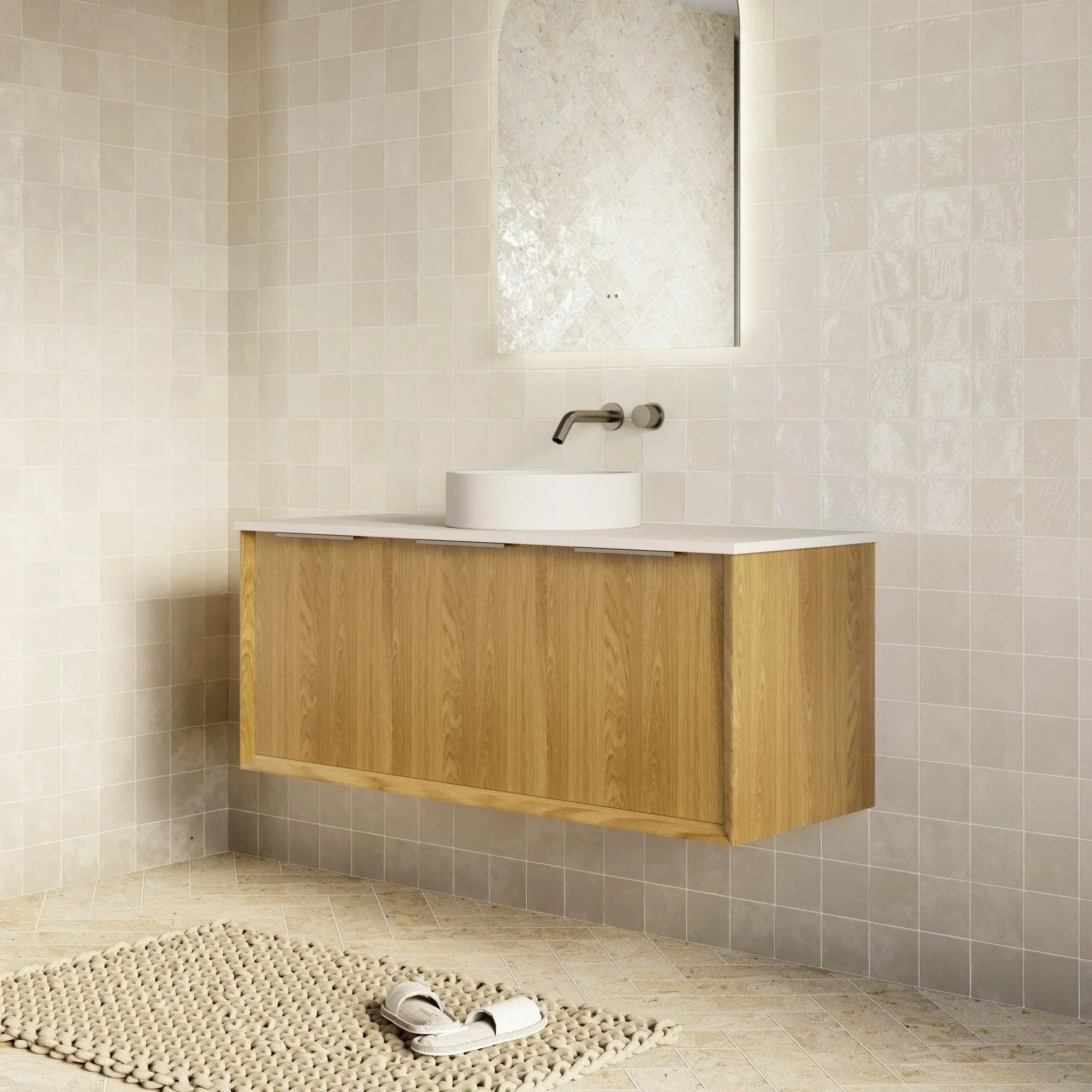 Milano Flow Flat 1200mm Wall Hung Vanity Natural Oak - Ideal Bathroom CentreFLO1200OAKFLO1200D3CCentre Basin