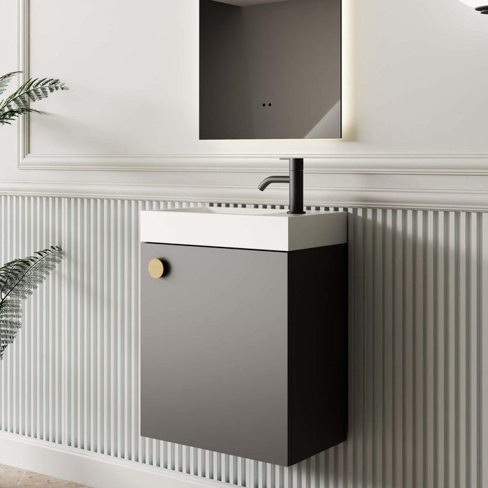 Milano Minimal 460mm Small Space Vanity - Matte Black - Ideal Bathroom Centre4525WHR - MB+MINI4525WH - MB+TOP4525 - GWWall HungRight Hand HingeGloss White