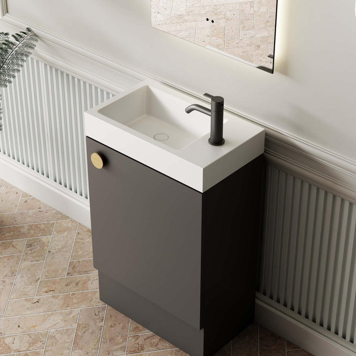 Milano Minimal 460mm Small Space Vanity - Matte Black - Ideal Bathroom Centre4525FSR - MB+MINI4525WH - MB+TOP4525 - GWFreestandingRight Hand HingeGloss White