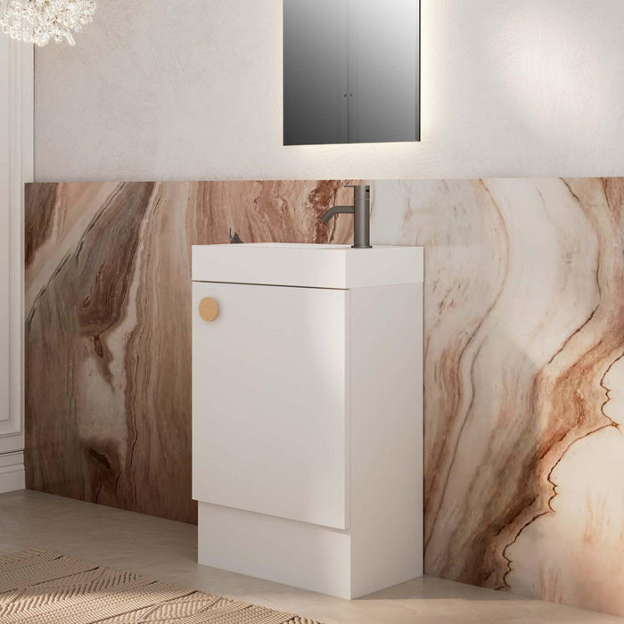 Milano Minimal 460mm Small Space Vanity - Matte White - Ideal Bathroom Centre4525FSR - MW+MINI4525WH - MW+TOP4525 - GWFreestandingRight Hand HingeGloss White