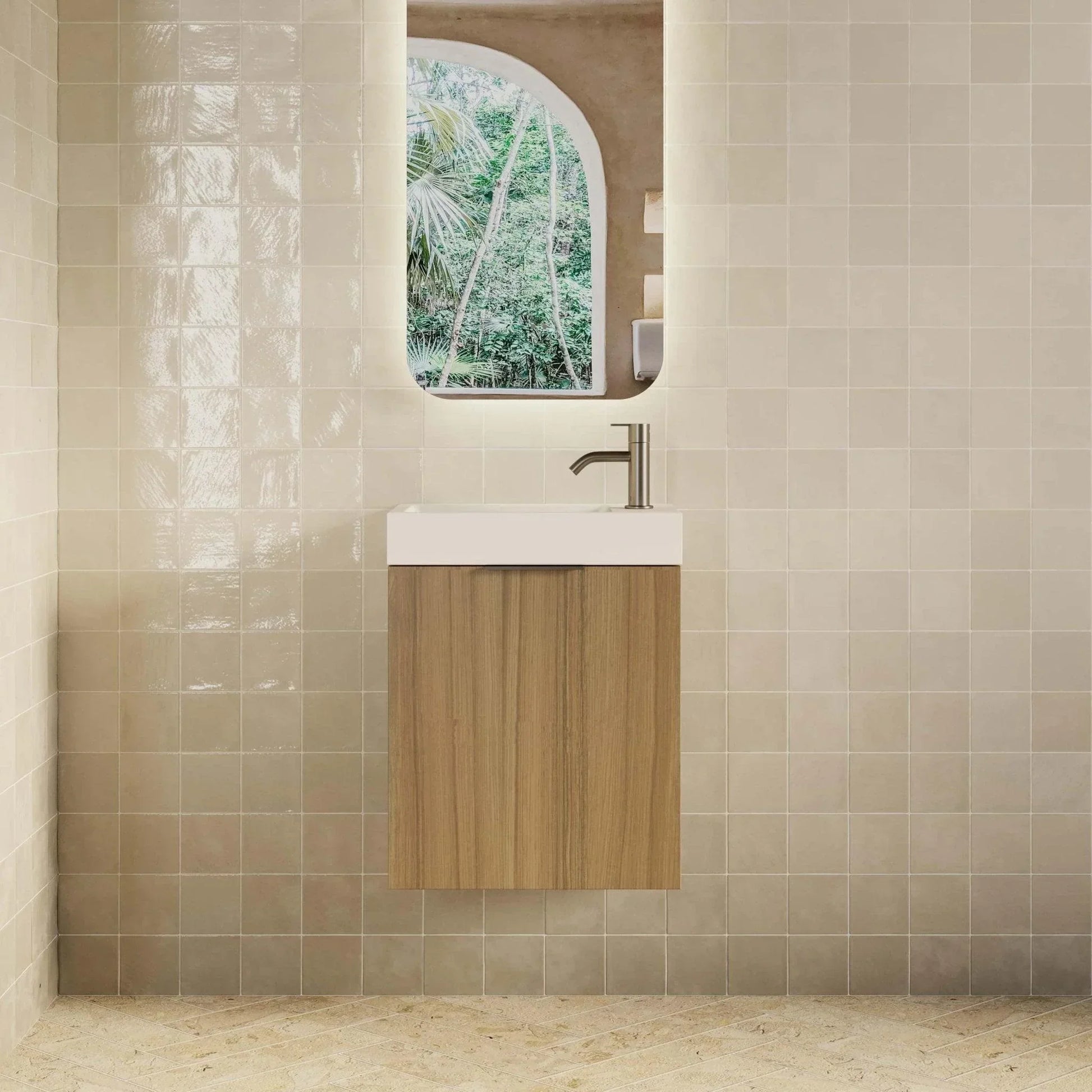 Milano Minimal 460mm Small Space Vanity - Natural Oak - Ideal Bathroom Centre4525WHR - OAK+MINI4525WH - OAK+TOP4525 - GWWall HungRight Hand HingeGloss White