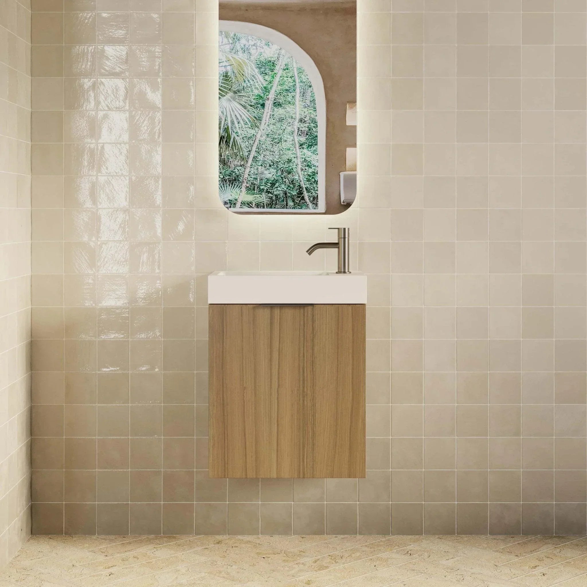 Milano Minimal 460mm Small Space Vanity - Natural Oak - Ideal Bathroom Centre4525WHR - OAK+MINI4525WH - OAK+TOP4525 - GWWall HungRight Hand HingeGloss White