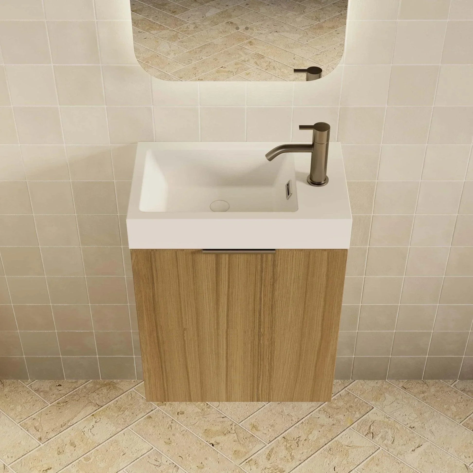 Milano Minimal 460mm Small Space Vanity - Natural Oak - Ideal Bathroom Centre4525WHR - OAK+MINI4525WH - OAK+TOP4525 - GWWall HungRight Hand HingeGloss White