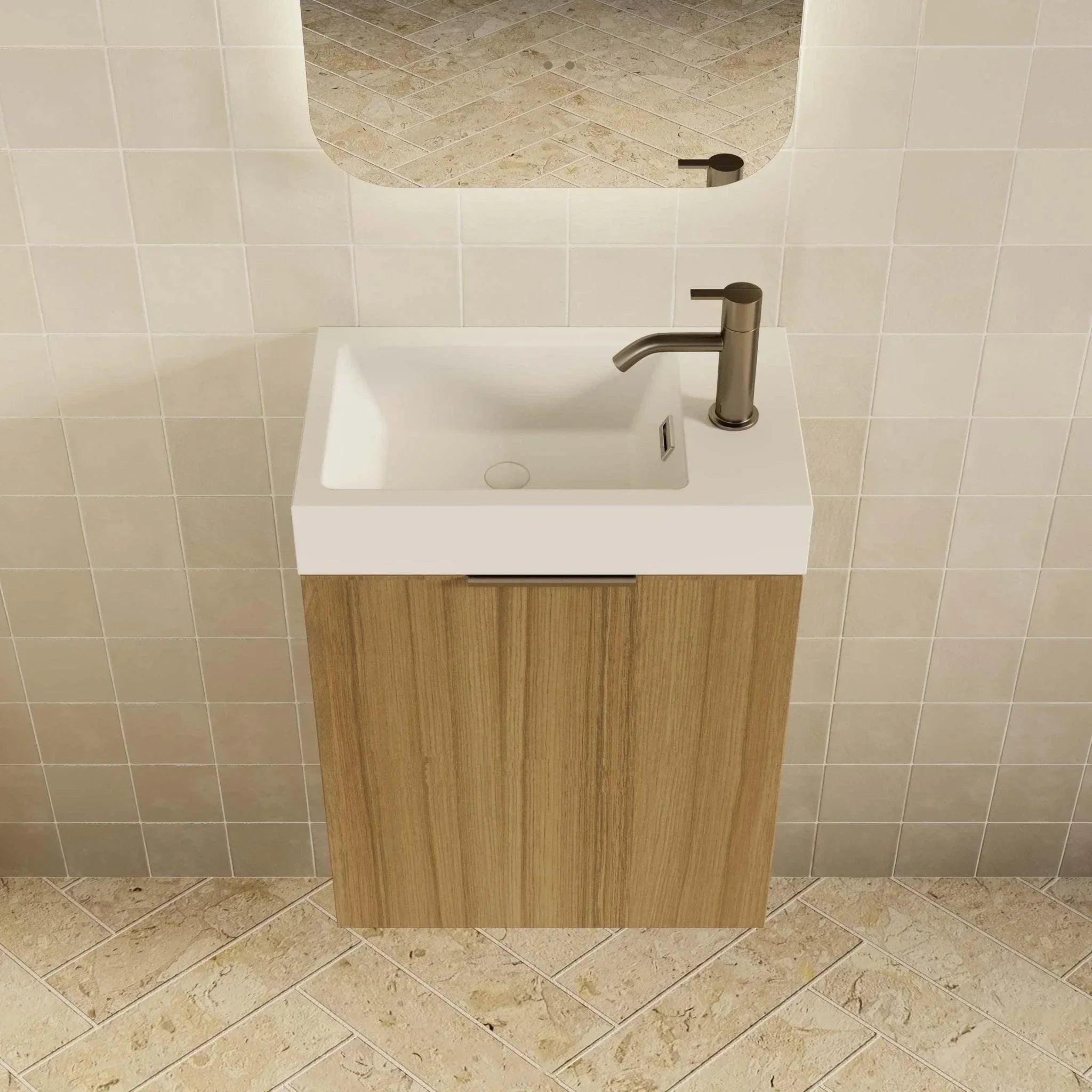 Milano Minimal 460mm Small Space Vanity - Natural Oak - Ideal Bathroom Centre4525WHR - OAK+MINI4525WH - OAK+TOP4525 - GWWall HungRight Hand HingeGloss White
