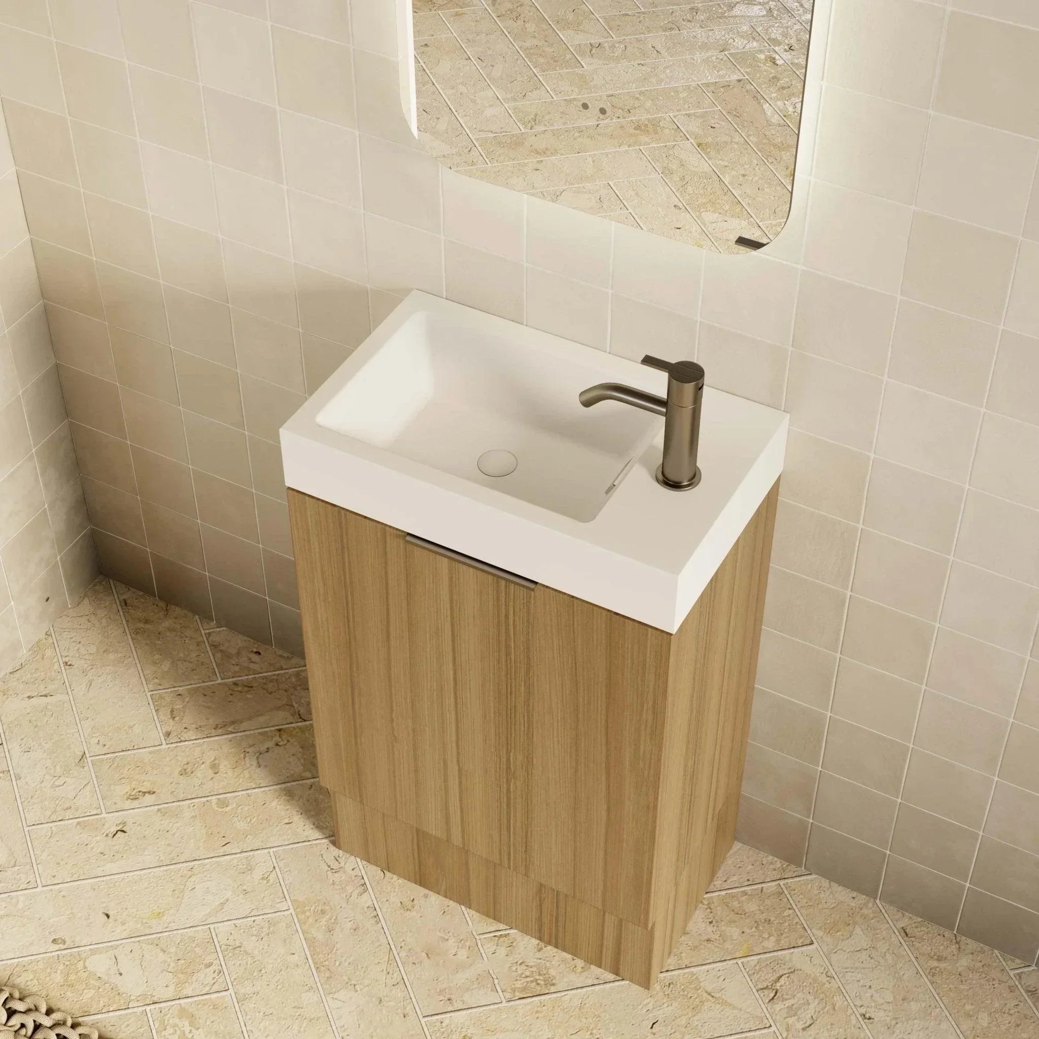 Milano Minimal 460mm Small Space Vanity - Natural Oak - Ideal Bathroom Centre4525FSR - OAK+MINI4525WH - OAK+TOP4525 - GWFreestandingRight Hand HingeGloss White