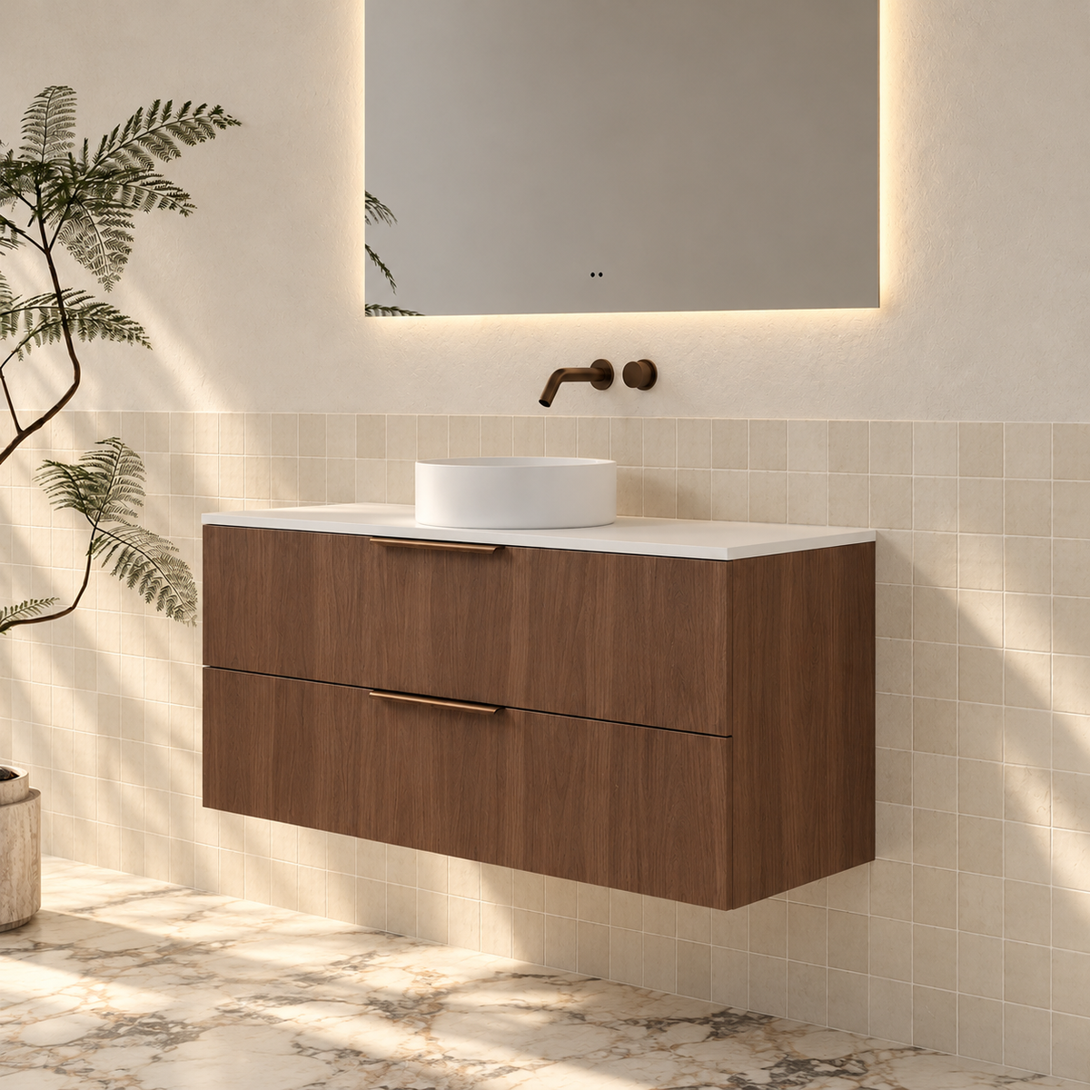 Milano Minimal Flat 1200mm Wall Hung Vanity, Walnut – angled view
