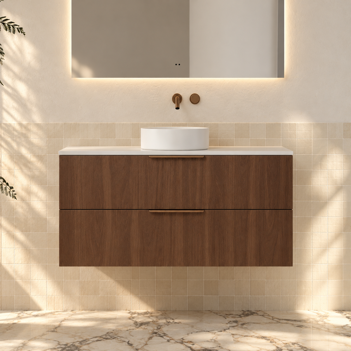 Milano Minimal Flat 1200mm Wall Hung Vanity, Walnut – front view