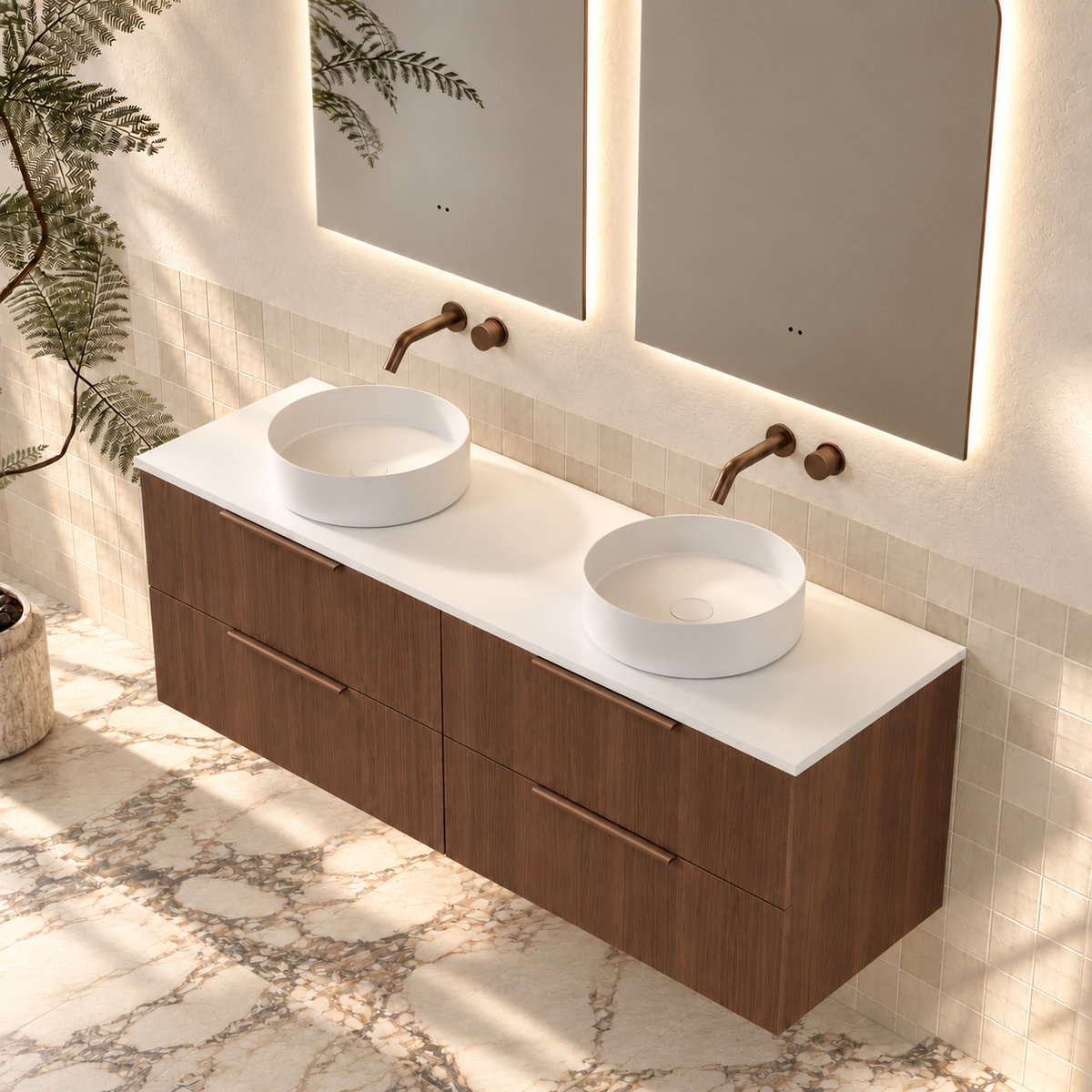 Milano Minimal Flat 1500mm Wall Hung Vanity, Walnut – angled view