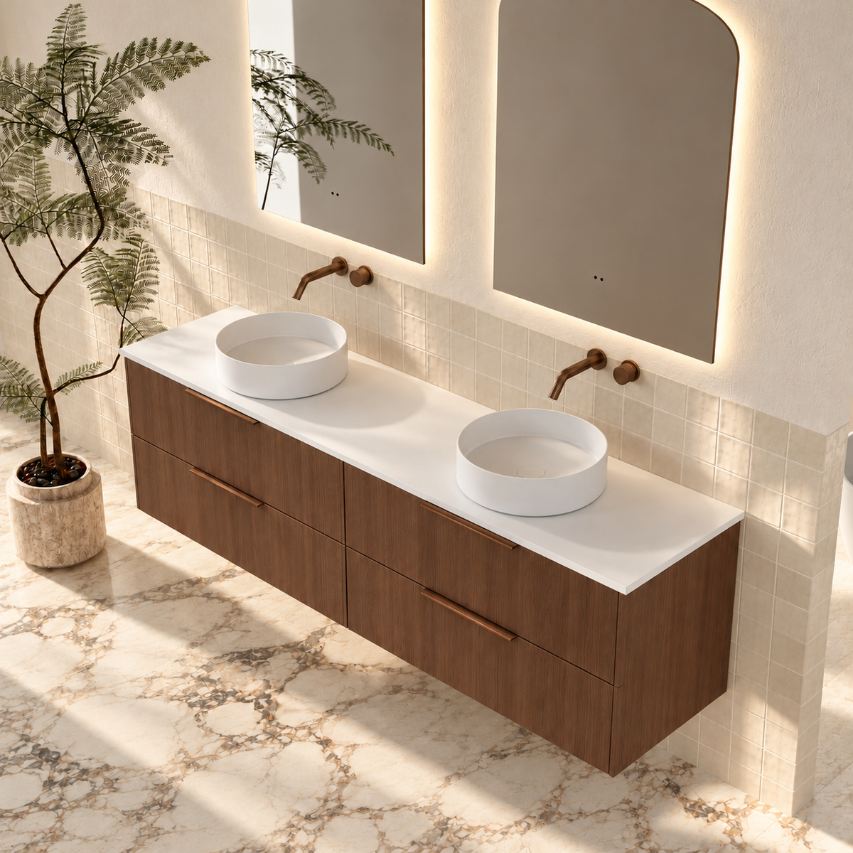 Milano Minimal Flat 1800mm Wall Hung Vanity, Walnut – angled view