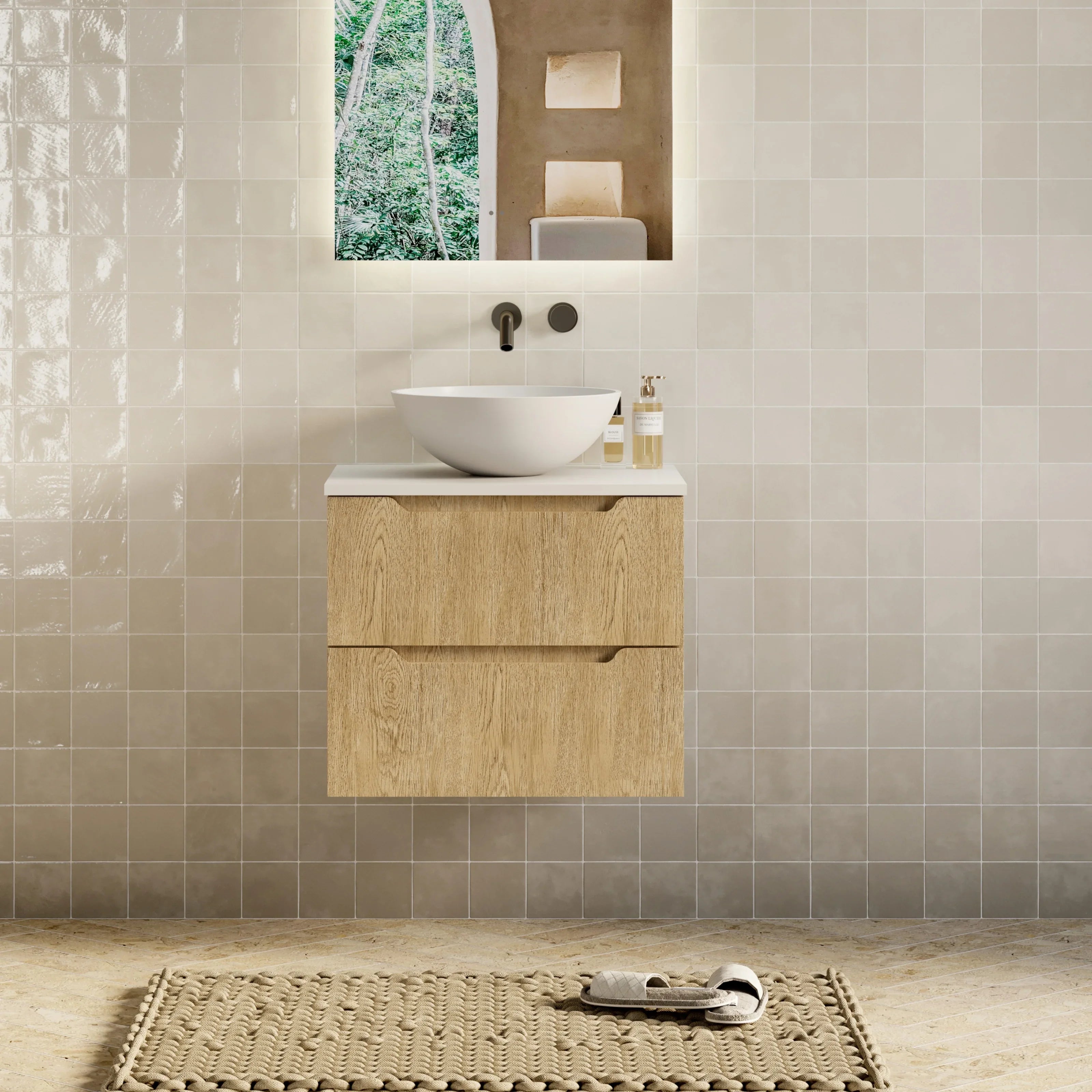 Milano Minimal Flat 600mm Wall Hung Vanity Natural Oak
