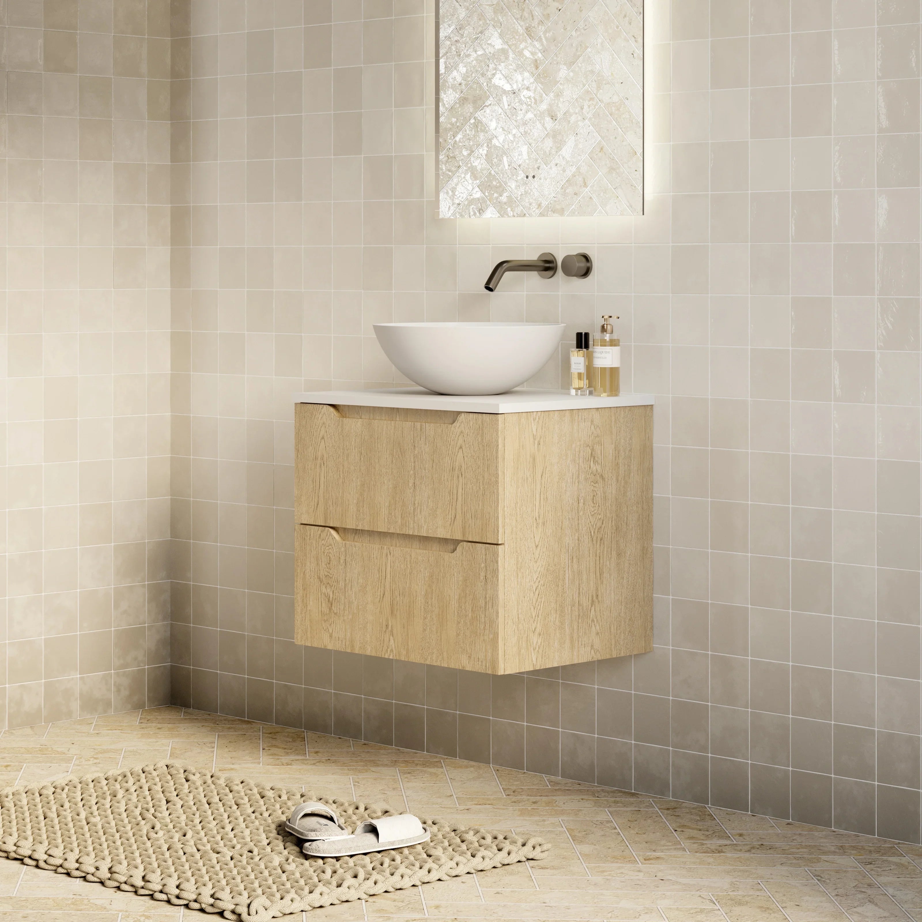 Milano Minimal Flat 600mm Wall Hung Vanity Natural Oak