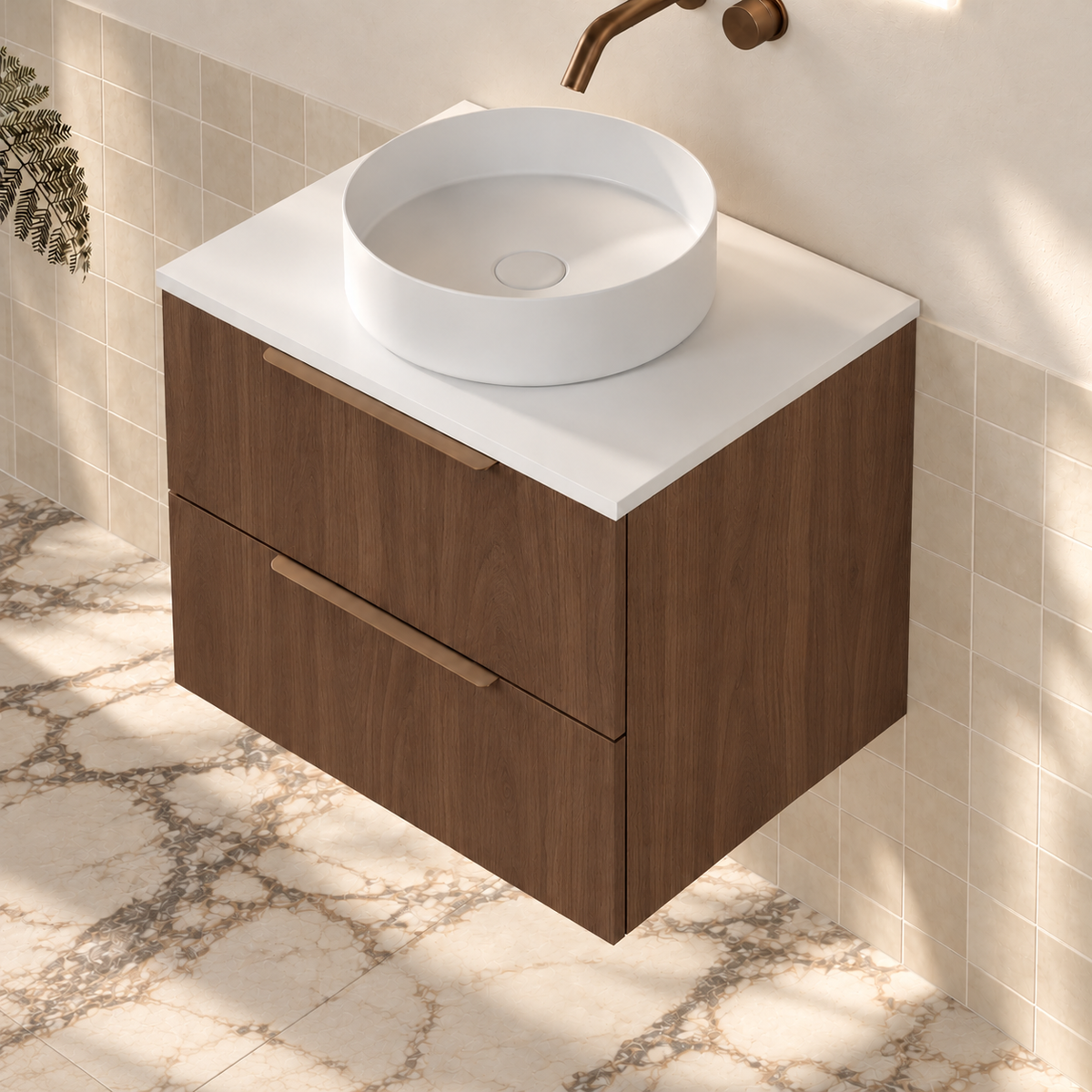 Milano Minimal Flat 600mm Wall Hung Vanity, Walnut – angled view
