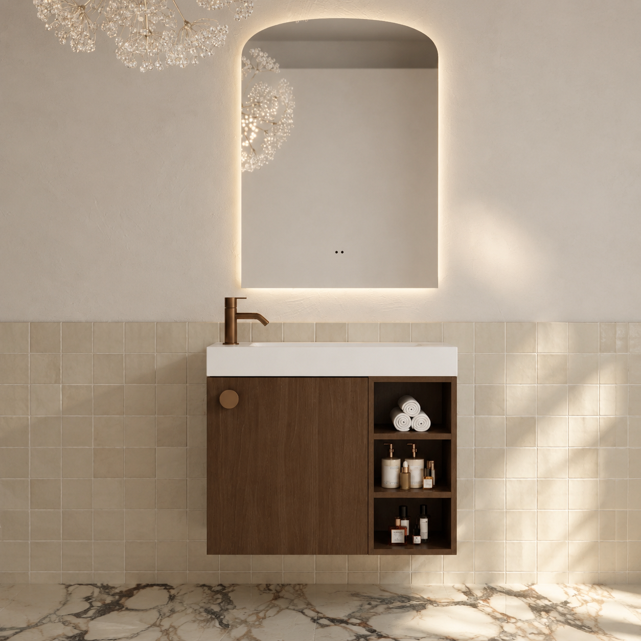Milano Minimal 700mm Small Space Vanity with Shelf-Walnut