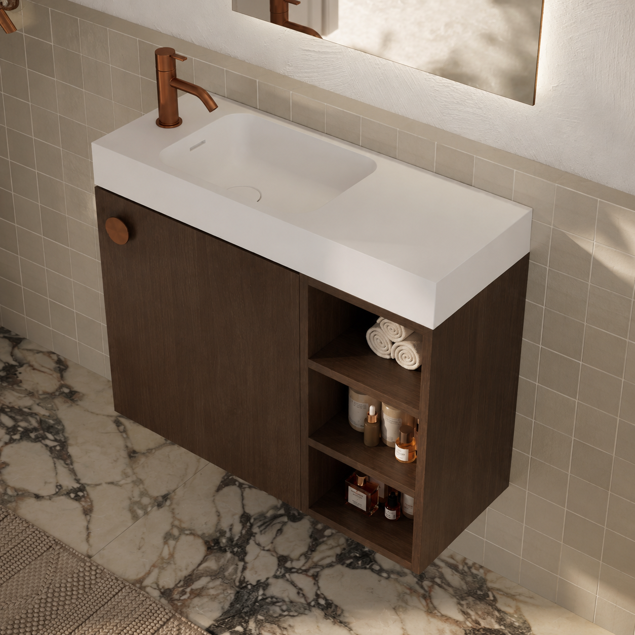 Milano Minimal 700mm Small Space Vanity with Shelf-Walnut