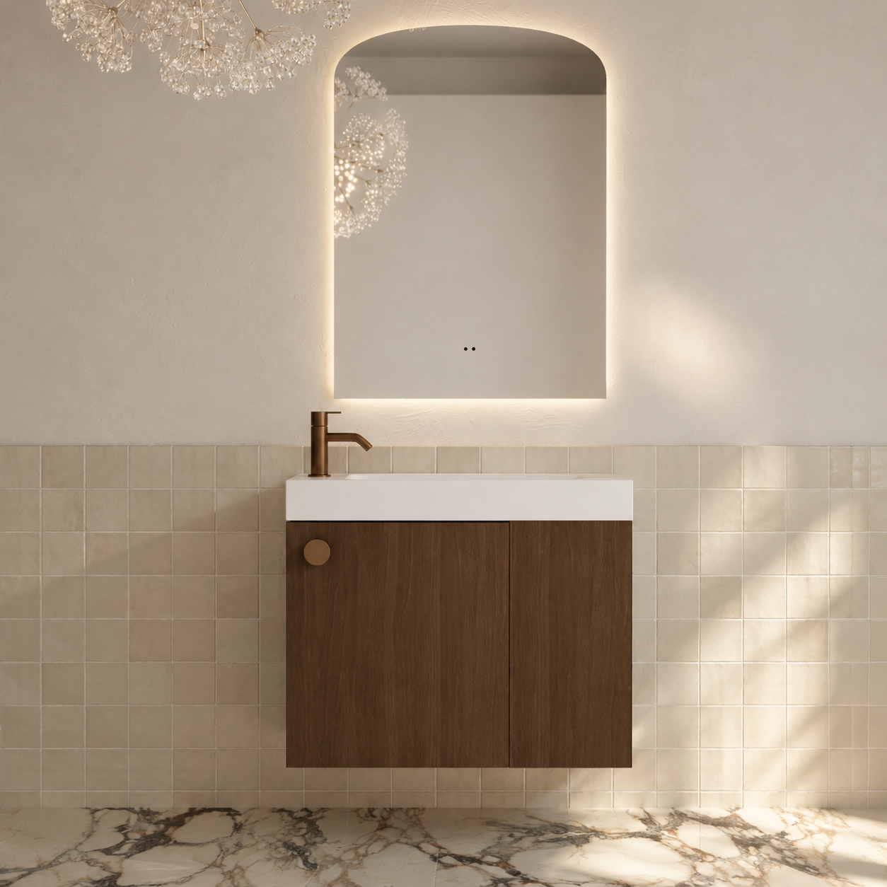 Milano Minimal 700mm Small Space Vanity with Shelf-Walnut
