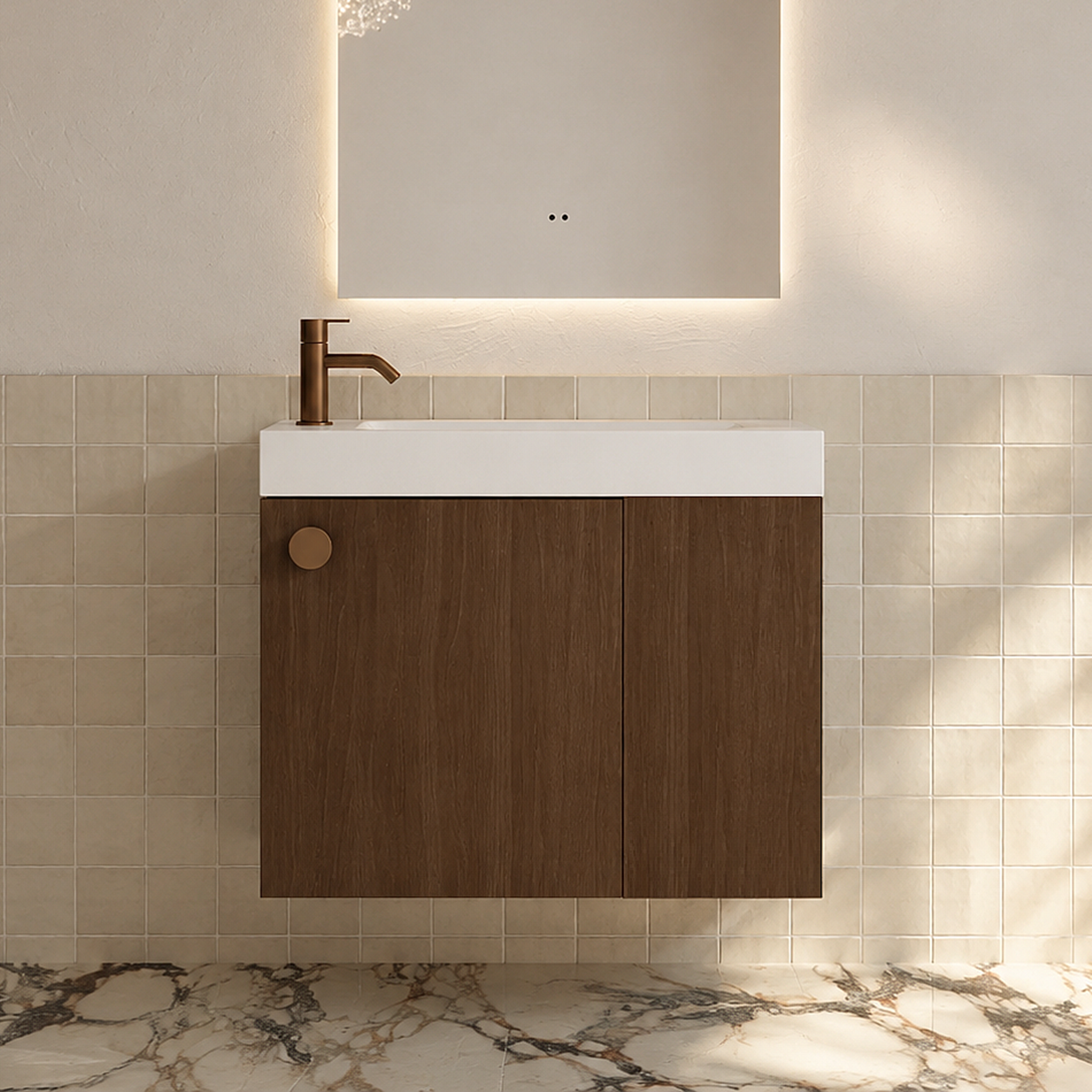 Milano Minimal 700mm Small Space Vanity with Shelf-Walnut