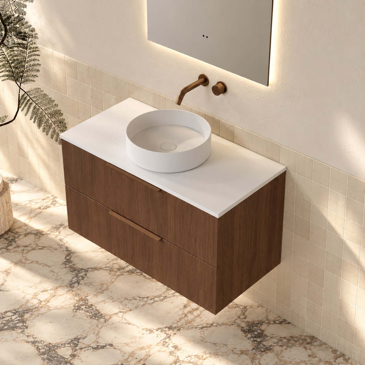 Milano Minimal Flat 900mm Wall Hung Vanity, Walnut – angled view