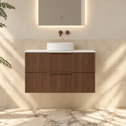 Milano Minimal Flat 900mm Wall Hung Vanity, Walnut – front view