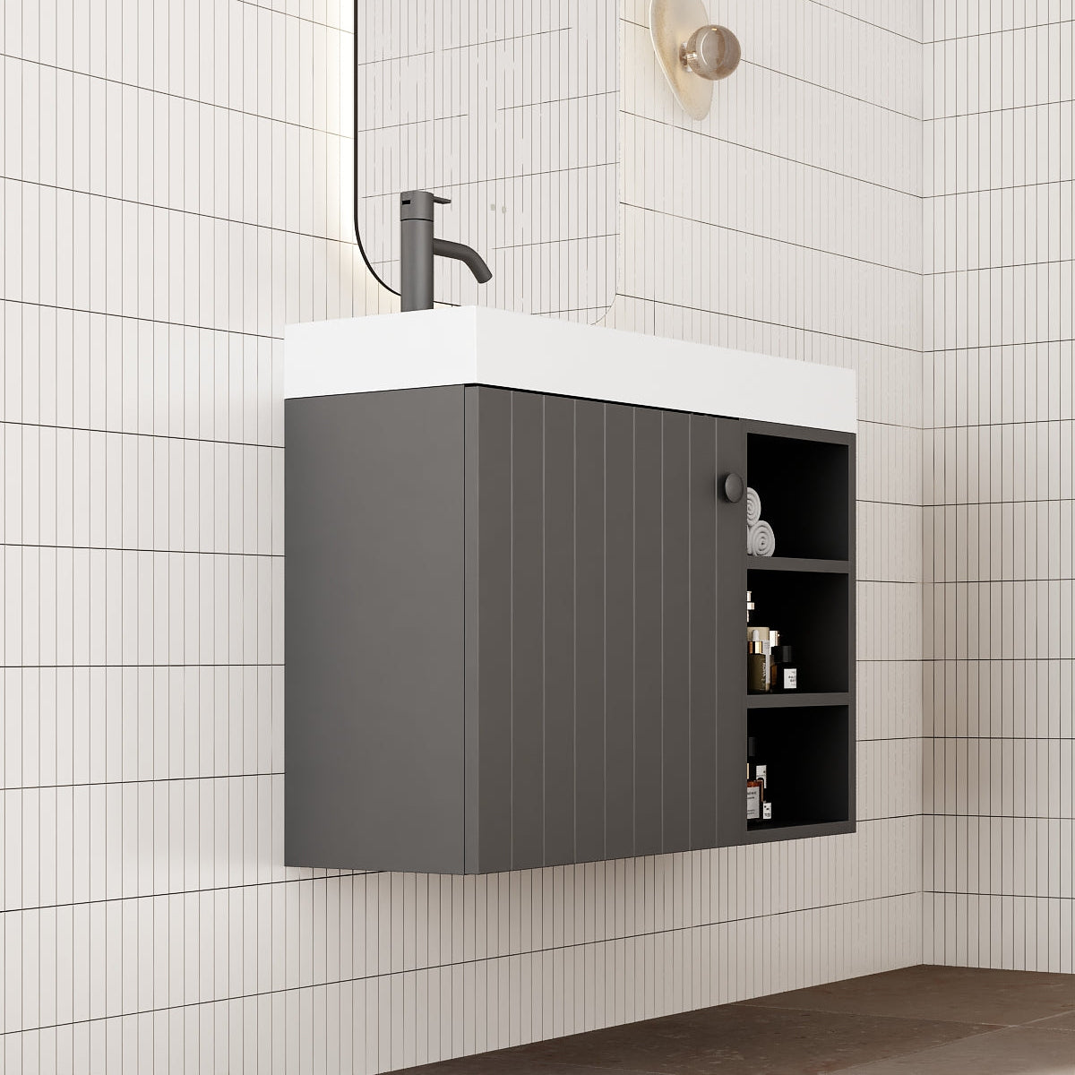 Milano Vee Groove 700mm Small Space Vanity with Shelf-Matte Black