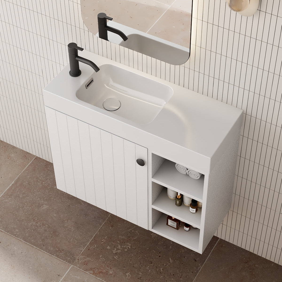 Milano Vee Groove 700mm Small Space Vanity with Shelf-Matte White