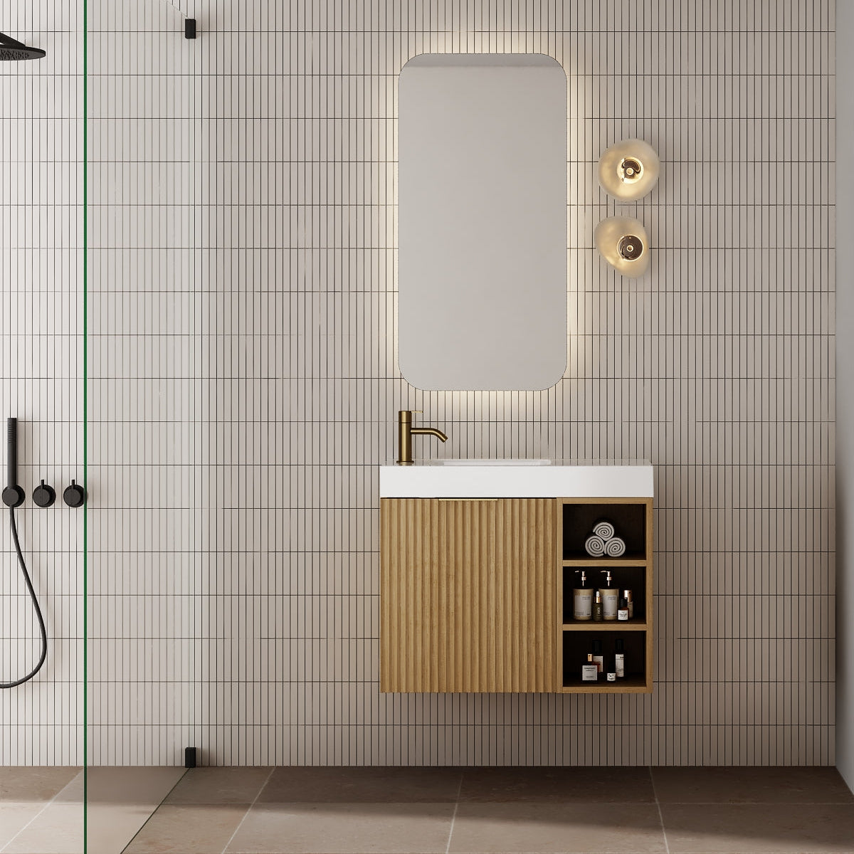 Milano Wave Flute 700mm Small Space Vanity with Shelf-Natural Oak