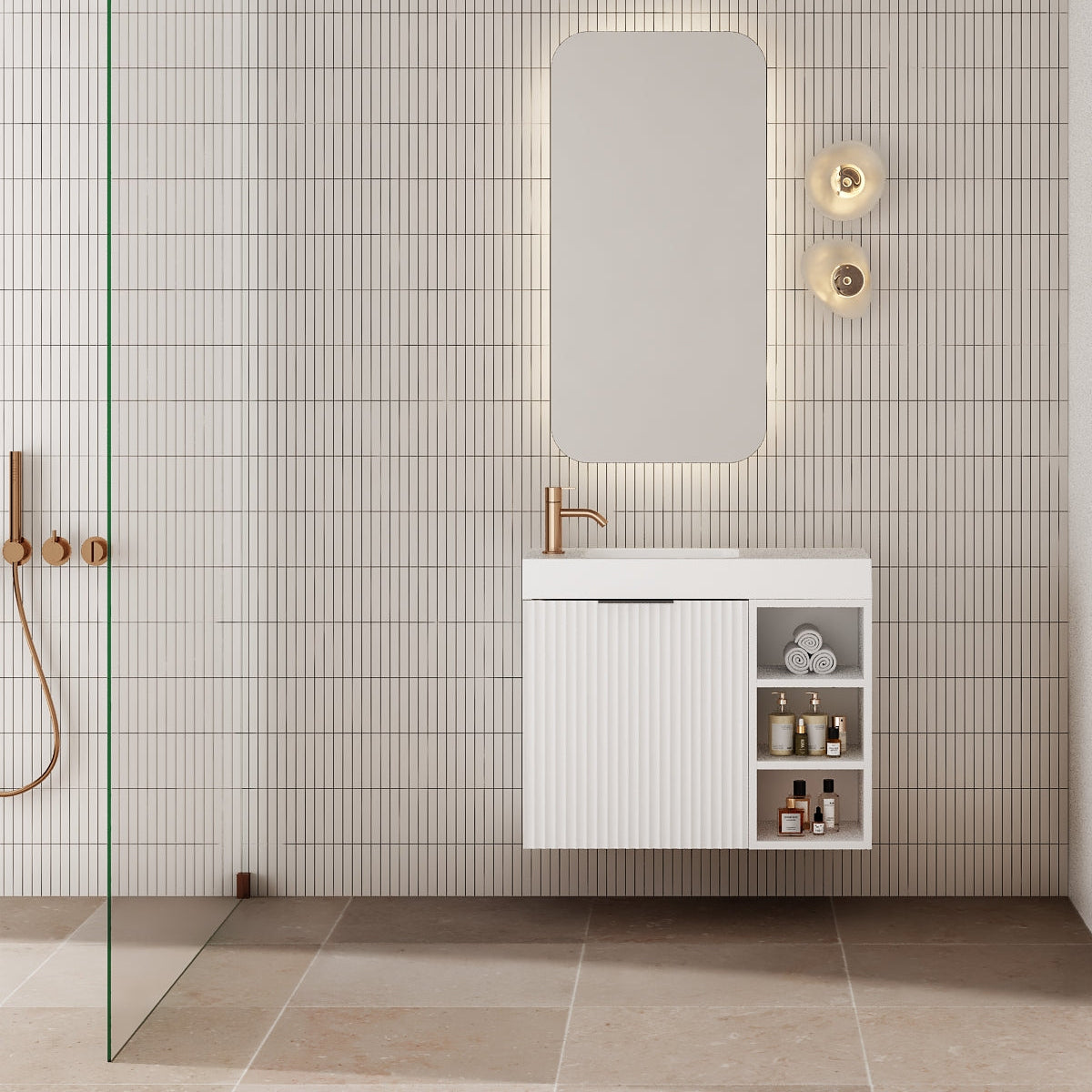 Milano Wave Flute 700mm Small Space Vanity with Shelf-Matte White