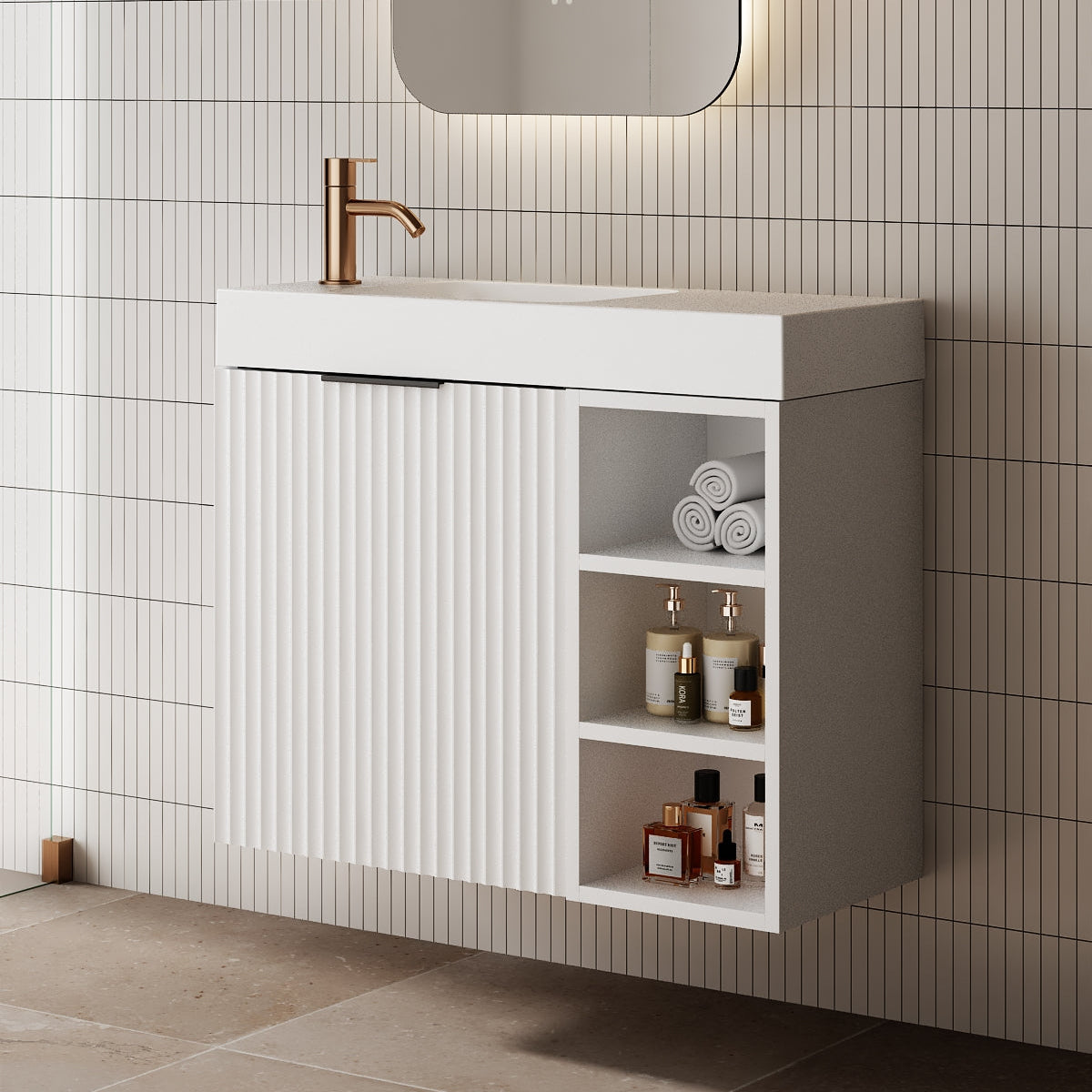 Milano Wave Flute 700mm Small Space Vanity with Shelf-Matte White