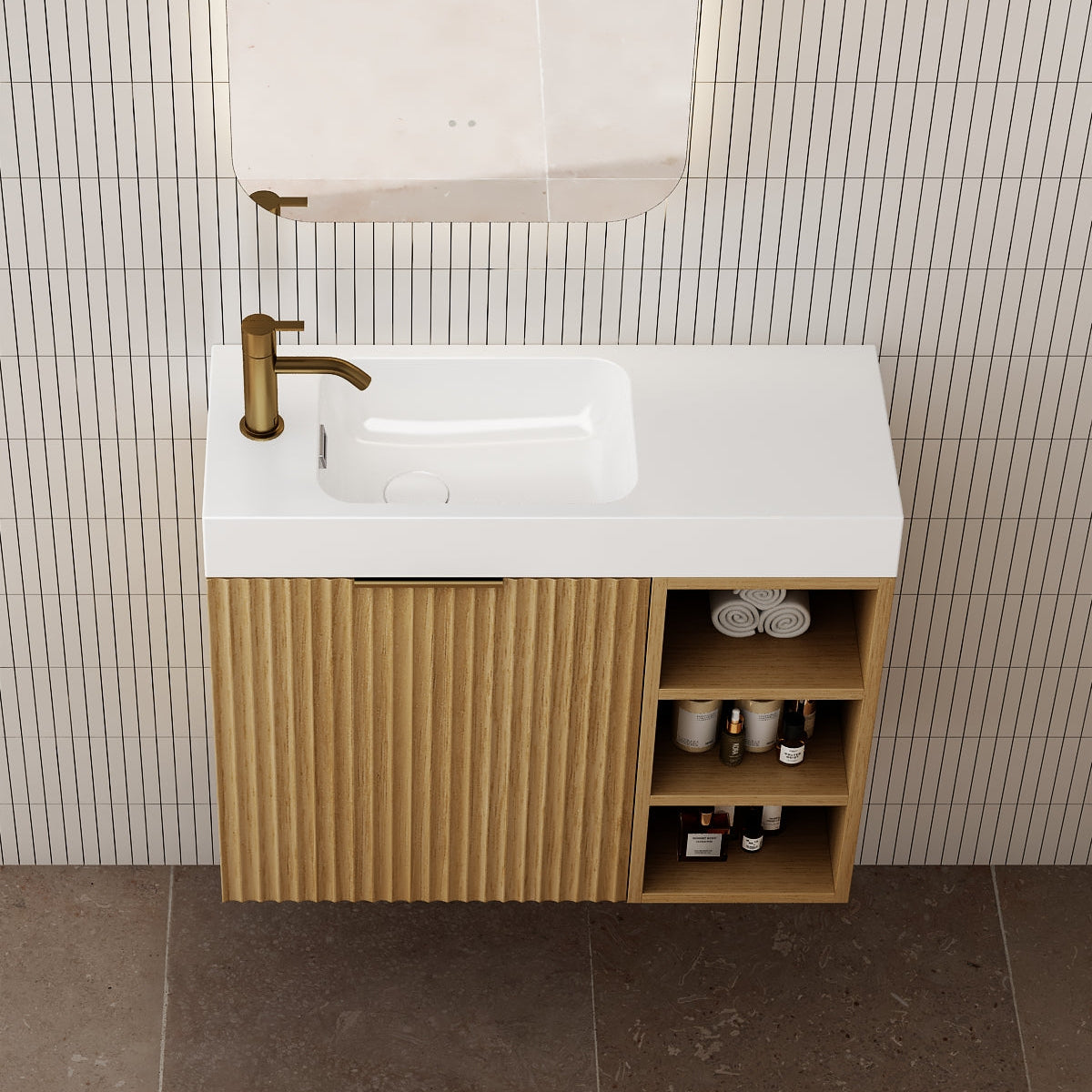 Milano Wave Flute 700mm Small Space Vanity with Shelf-Natural Oak